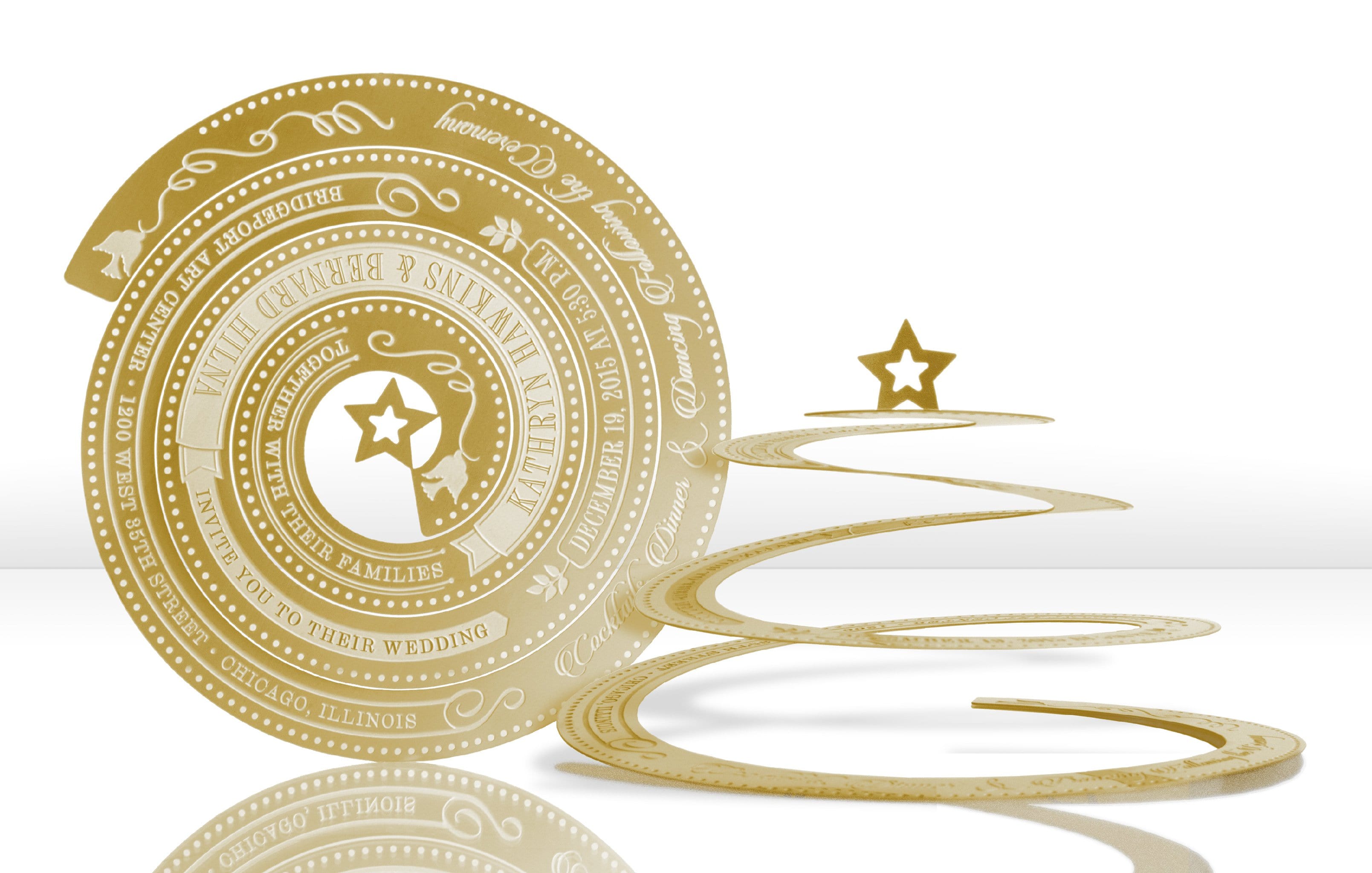 Gold Metal Wedding Invitation with Holiday Theme