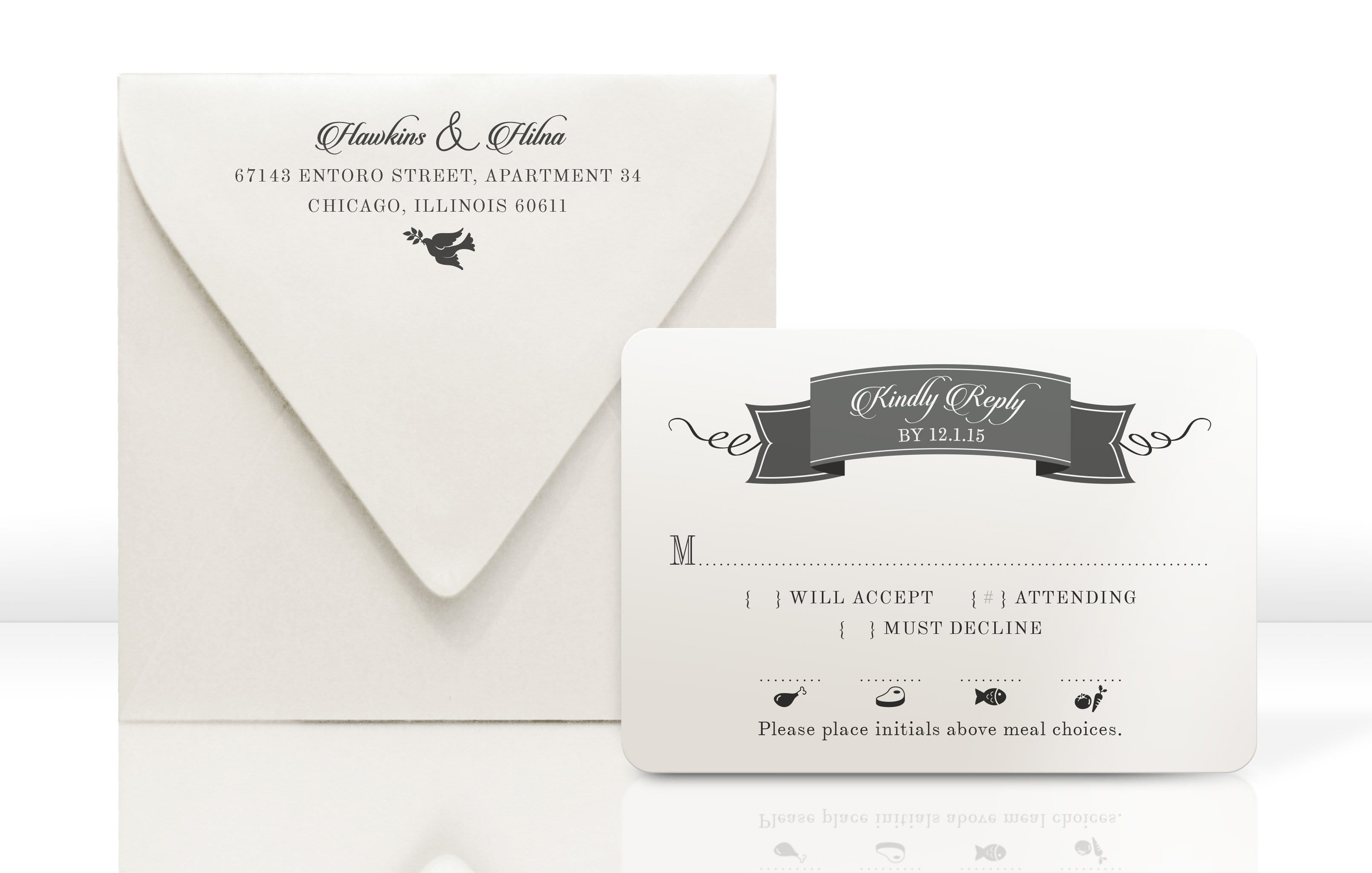 Wedding Invitation RSVP Card and Envelope for Christmas Tree Invitation