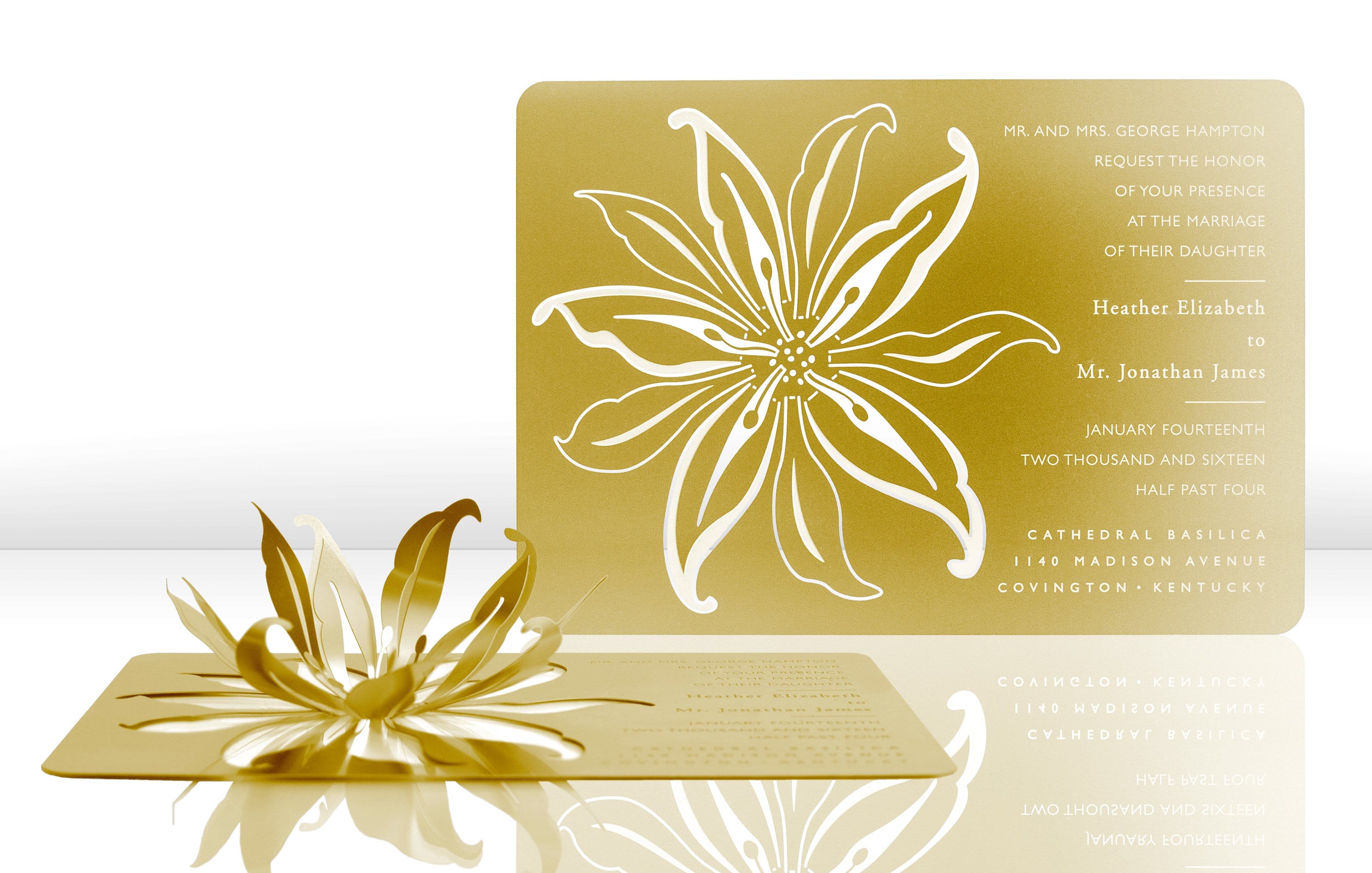 Gold Metal Wedding Invitation with Tropical Flower