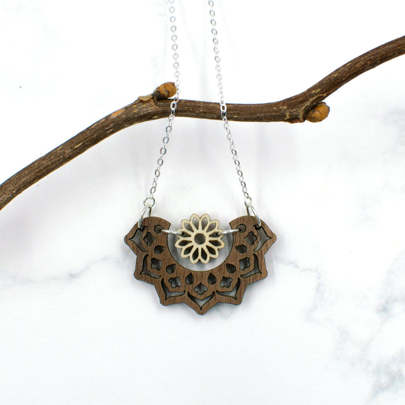 Mandala and Flower Wood Necklace