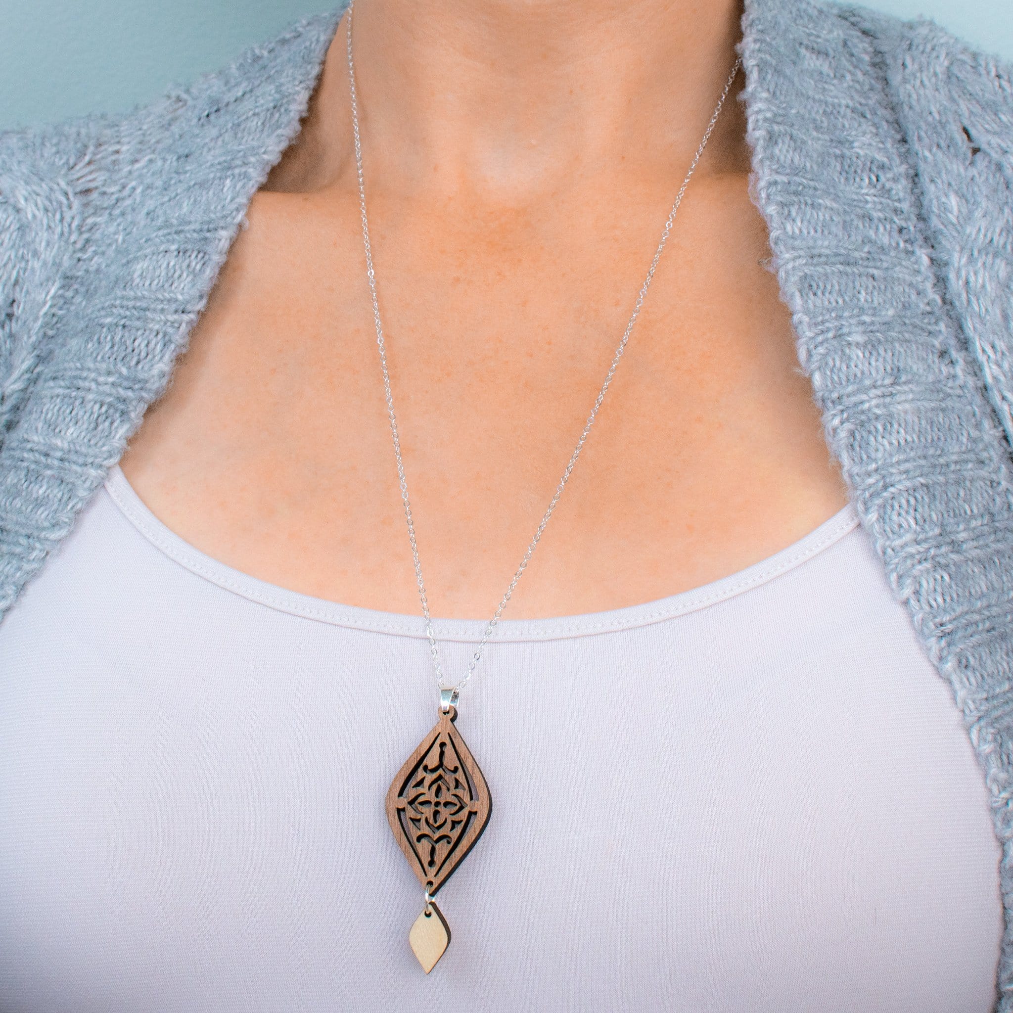 Scroll Design Charm Wood Necklace with 24" Chain