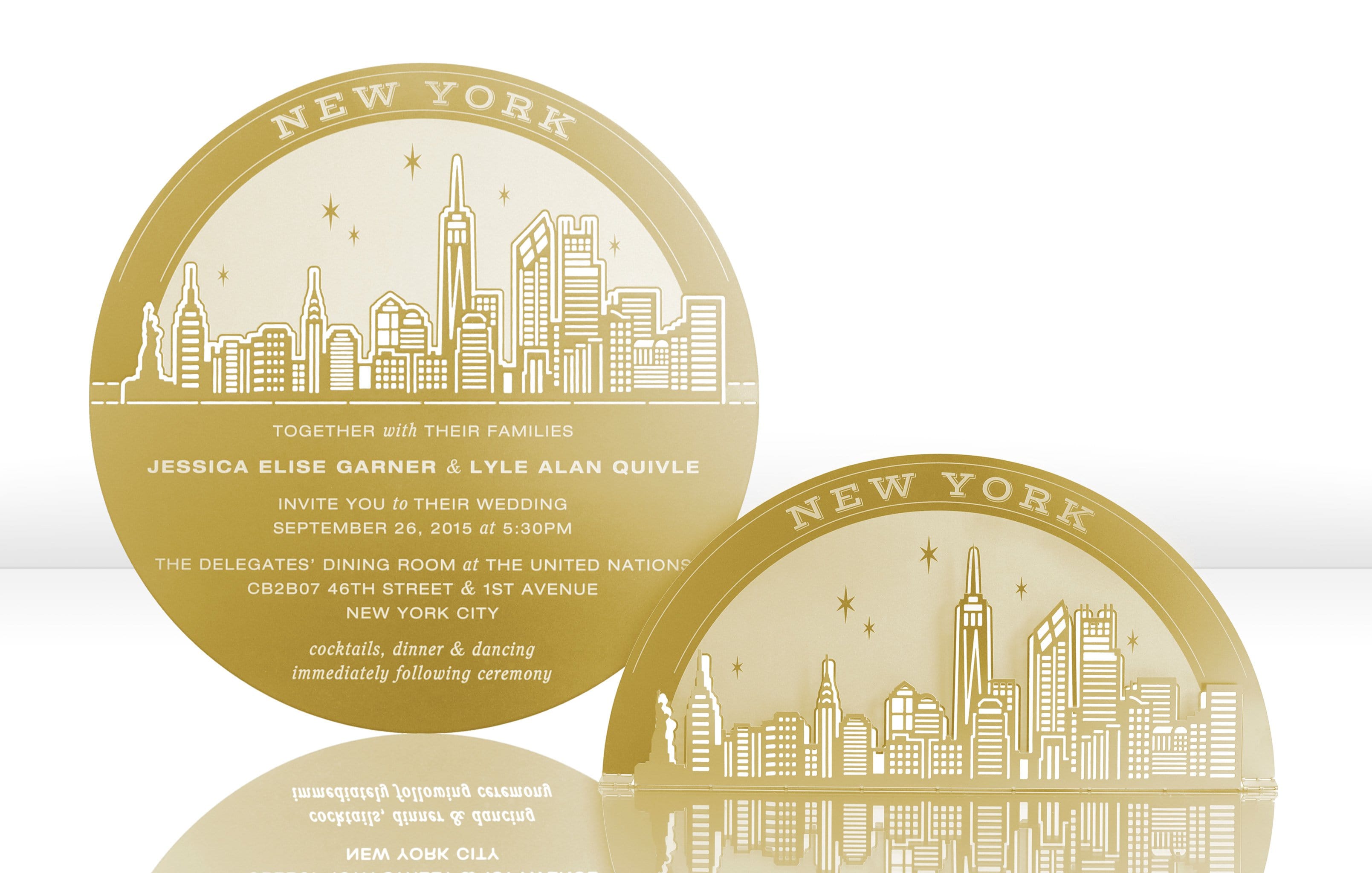 Gold Metal Wedding Invitation with New York Theme