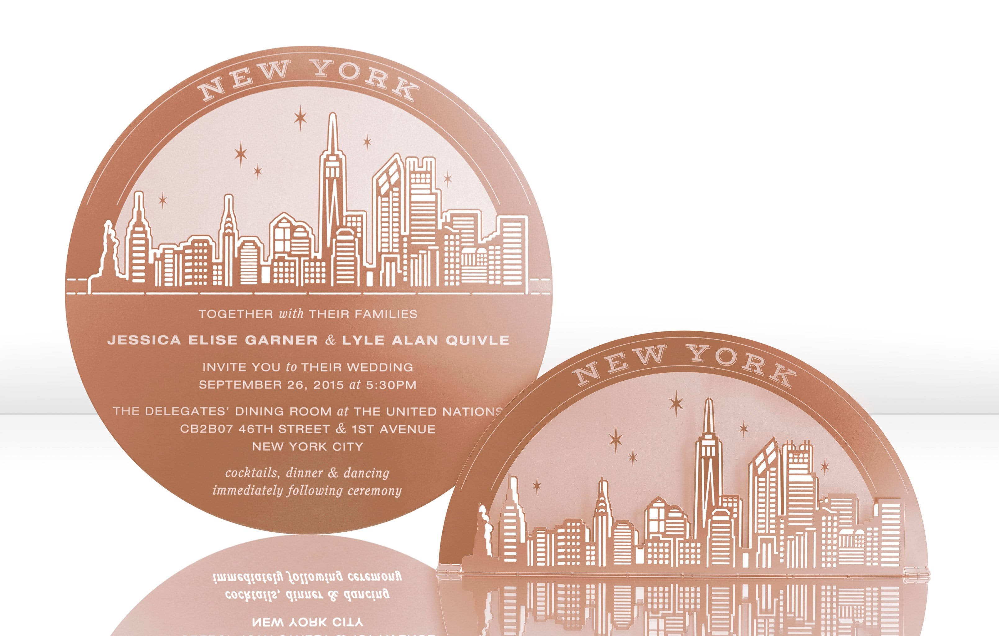 Rose Gold Metal Wedding Invitation with NYC Skyline