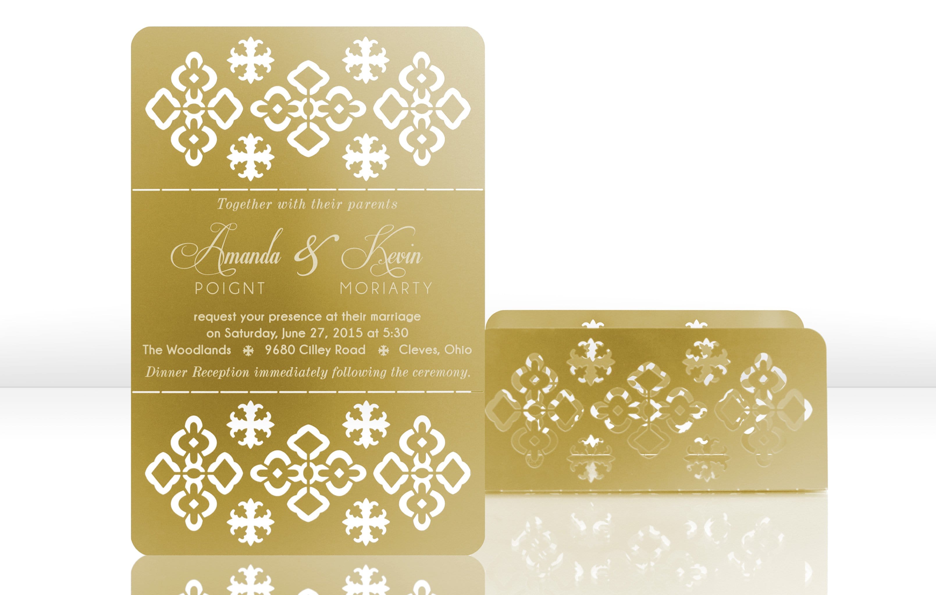 Gold Metal Wedding Invitation with Ornate Pattern
