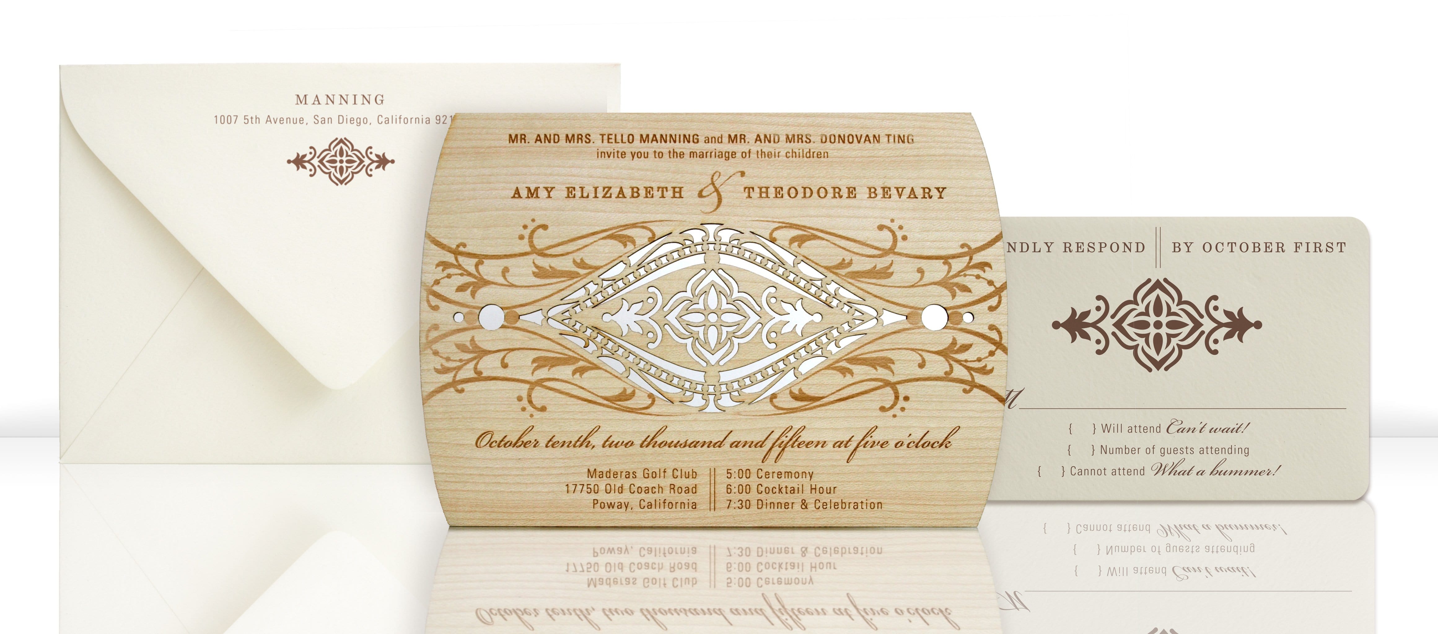 Ornate Swirl Wood Luxury Wedding Invitations