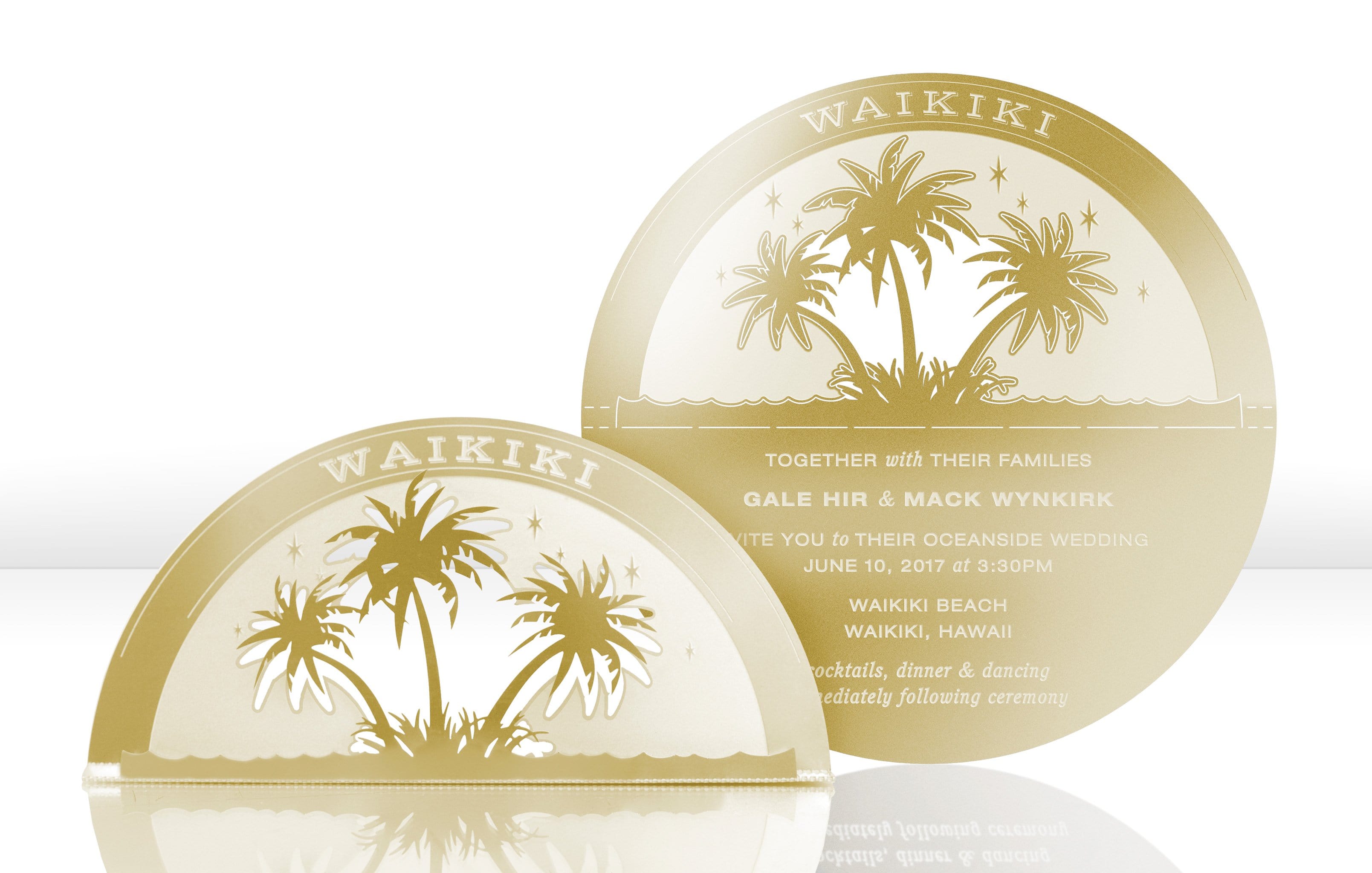 Gold Metal Wedding Invitation with Beach Theme