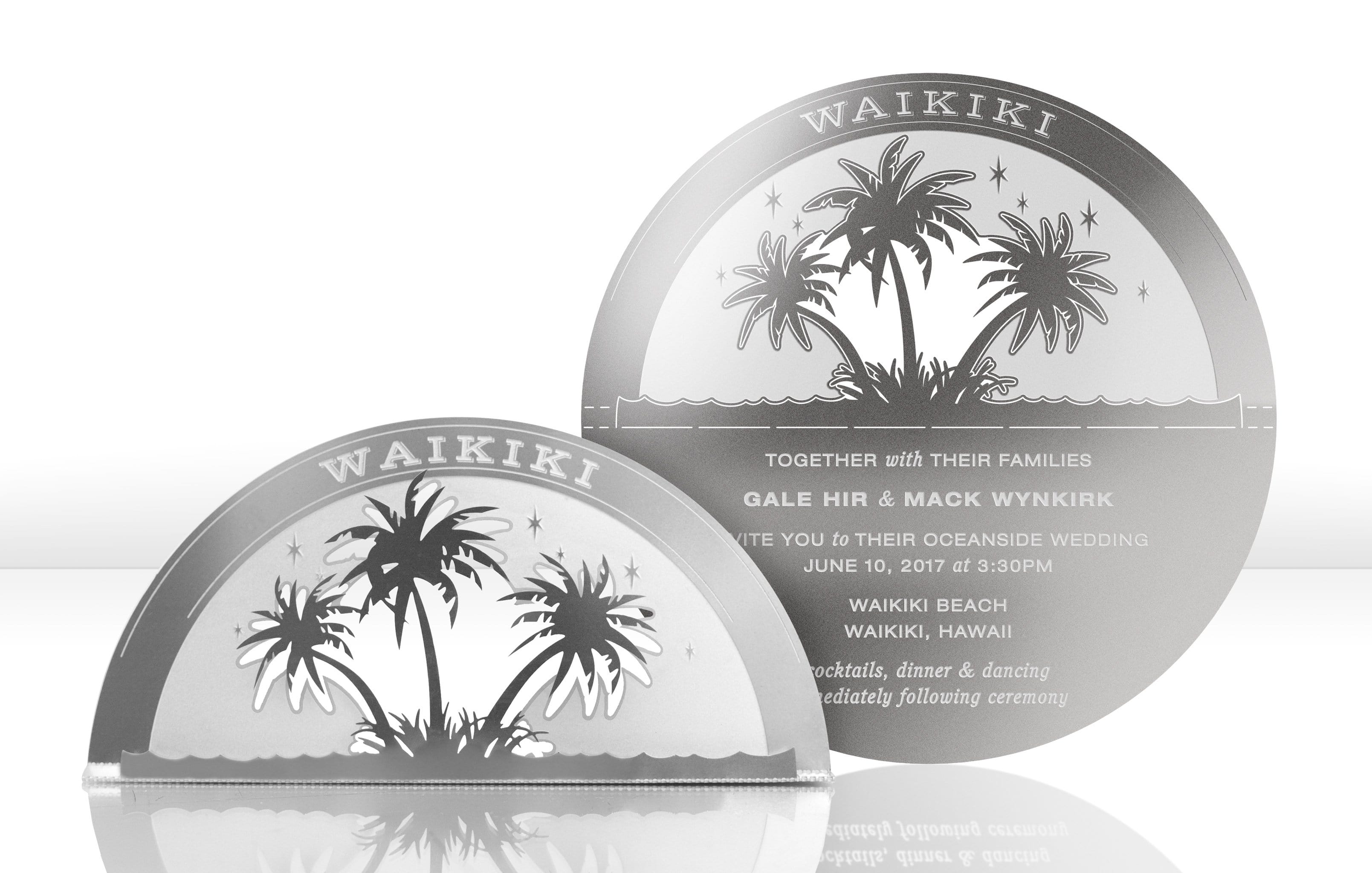 Silver Metal Wedding Invitation with Palm Trees