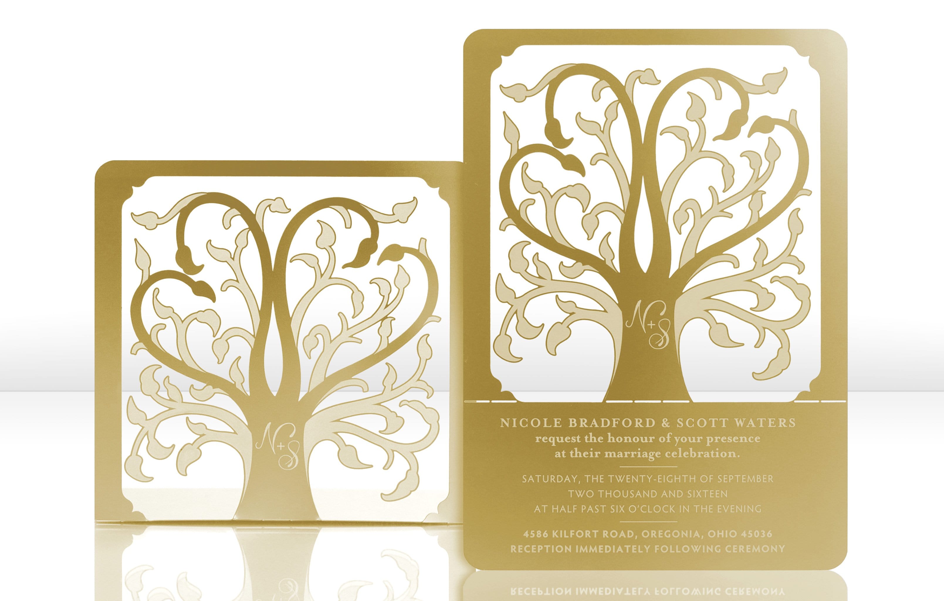 Gold Metal Wedding Invitation with Nature Design