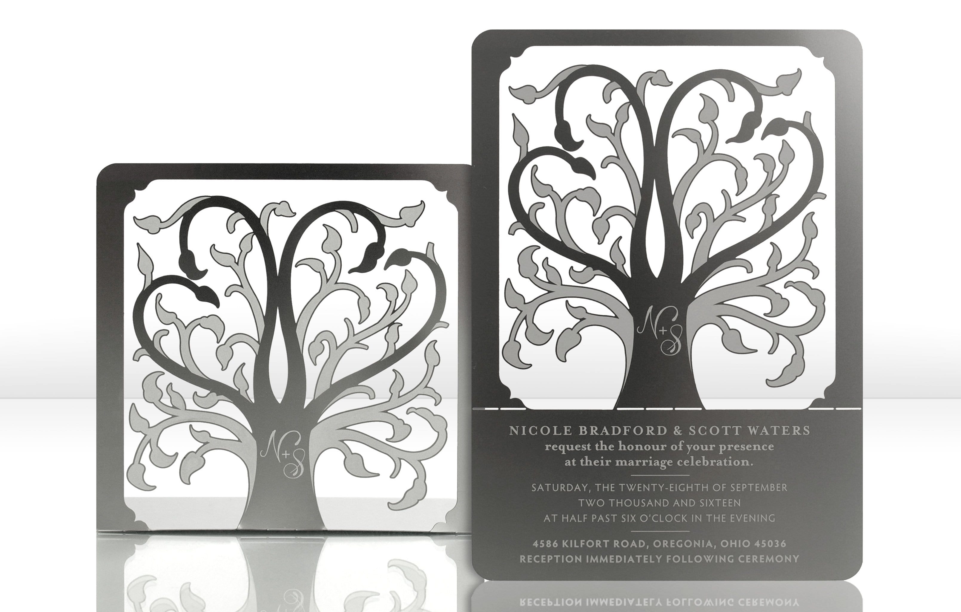 Silver Metal Wedding Invitation with Tree of Life Design