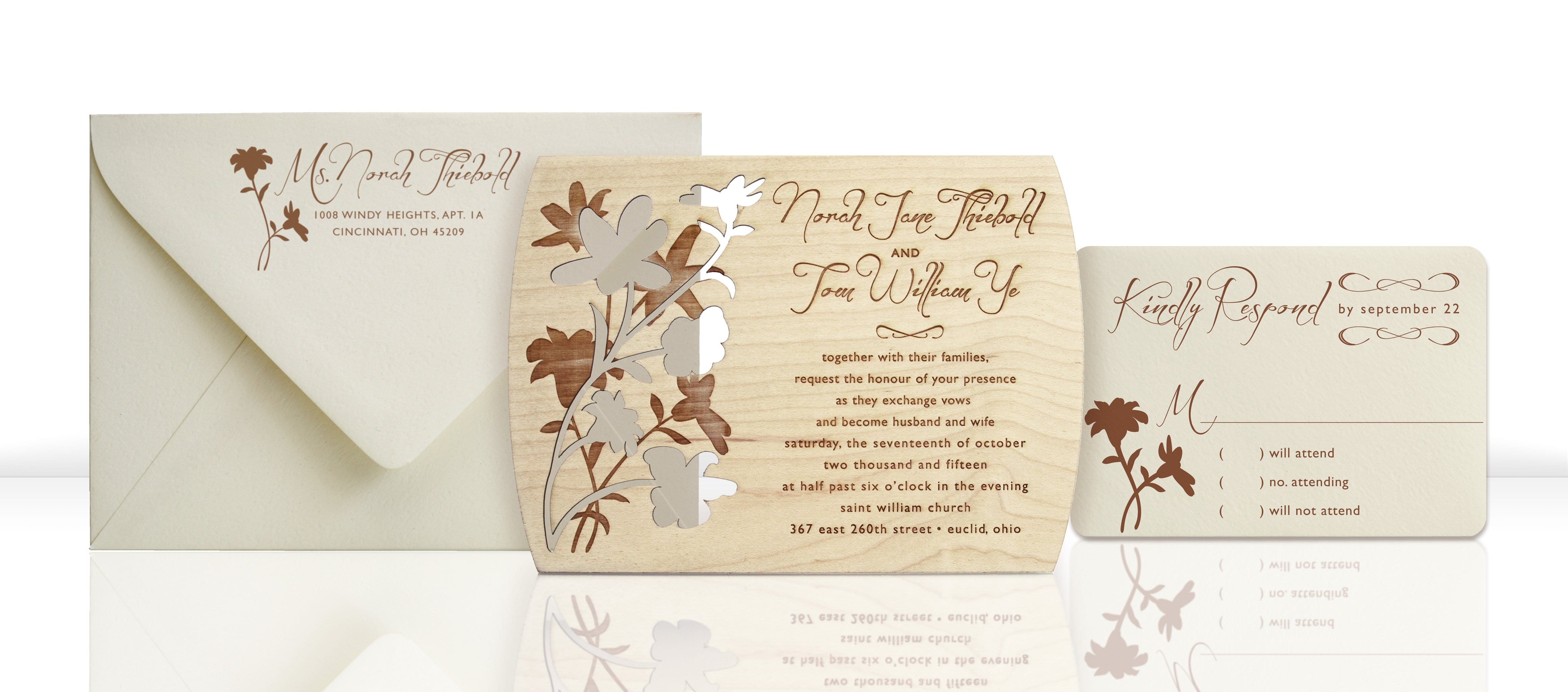 Unique Floral Wood Wedding Invitations