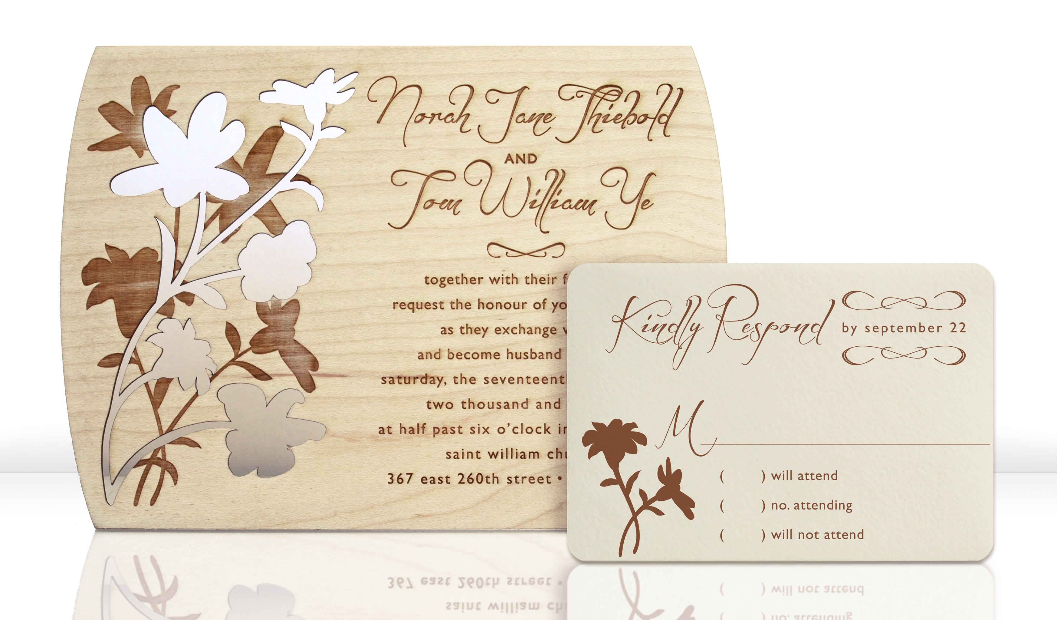 High End Floral Wood Wedding Invitations