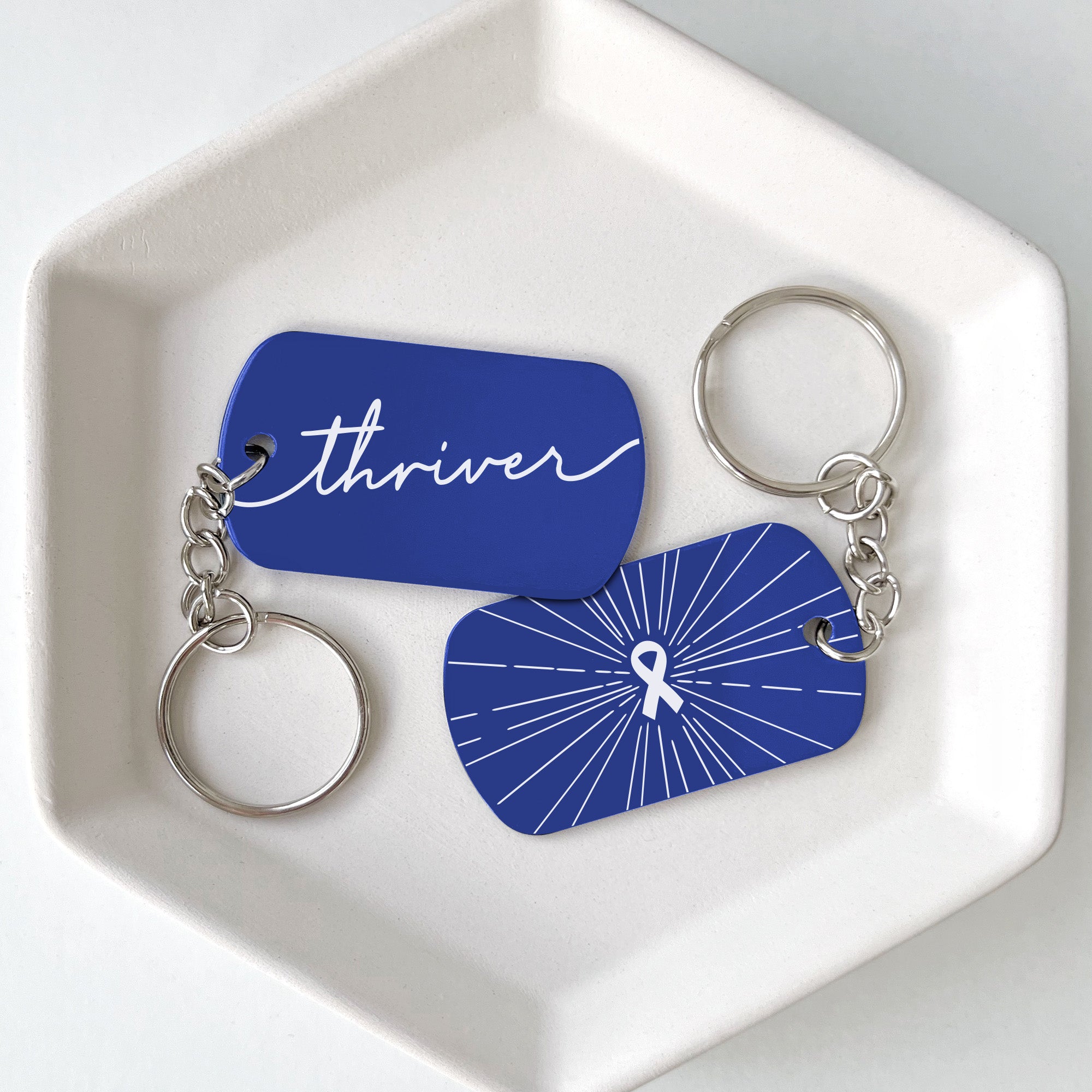 Dark Blue Ribbon Thriver Cancer Support Keychains