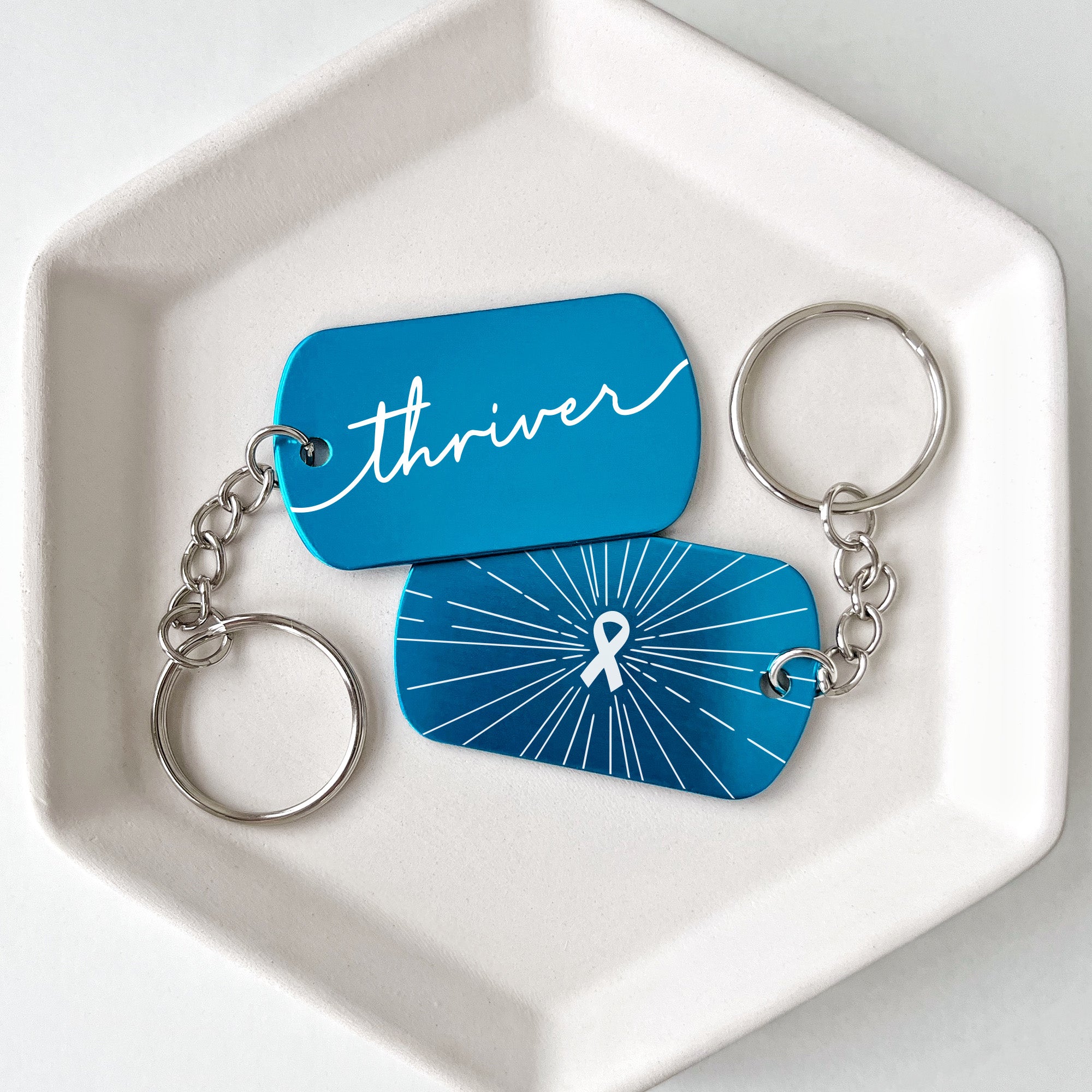 Blue Aqua Ribbon Thriver Cancer Support Keychains