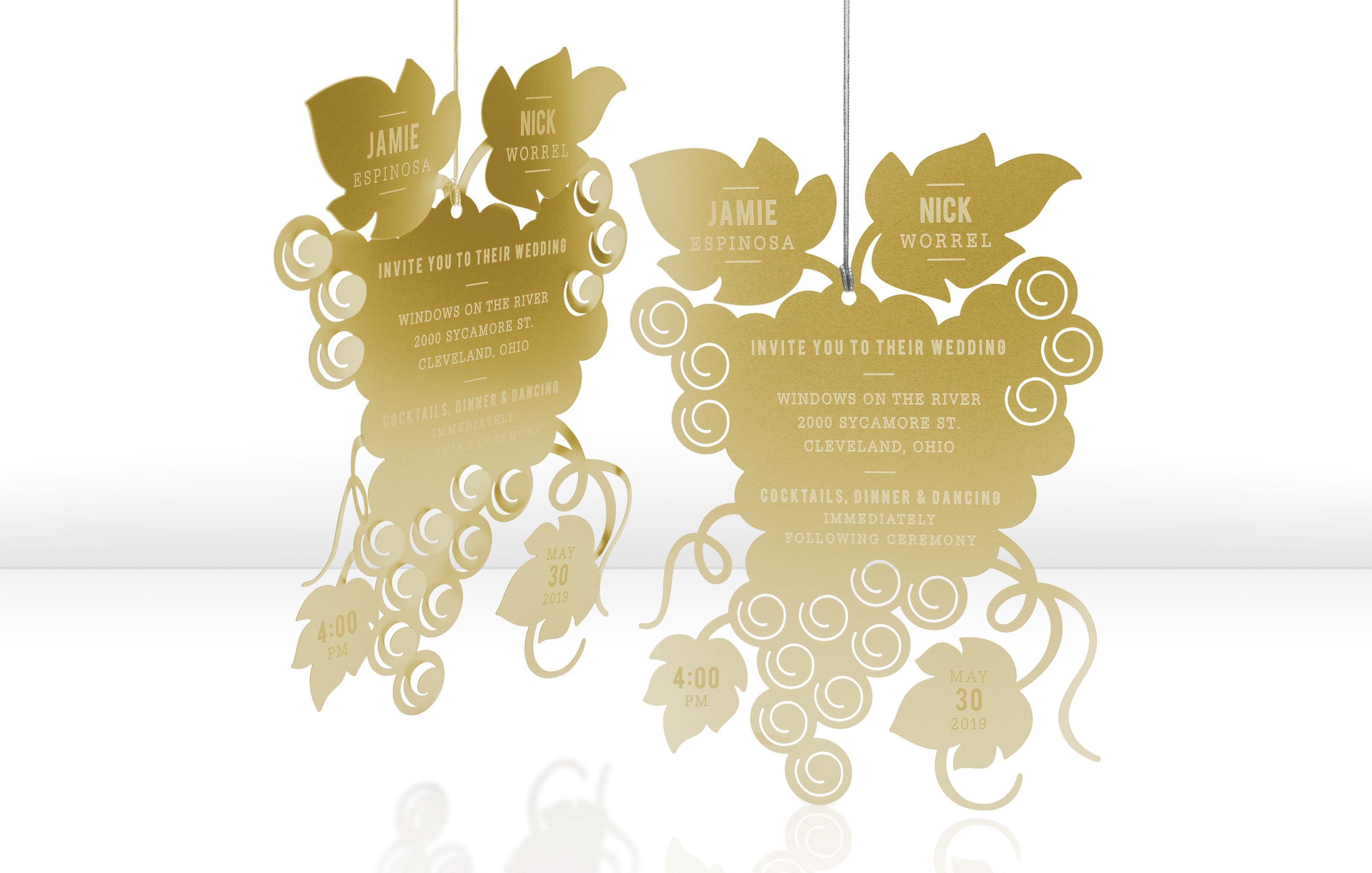 Gold Metal Wedding Invitation with Grape Theme