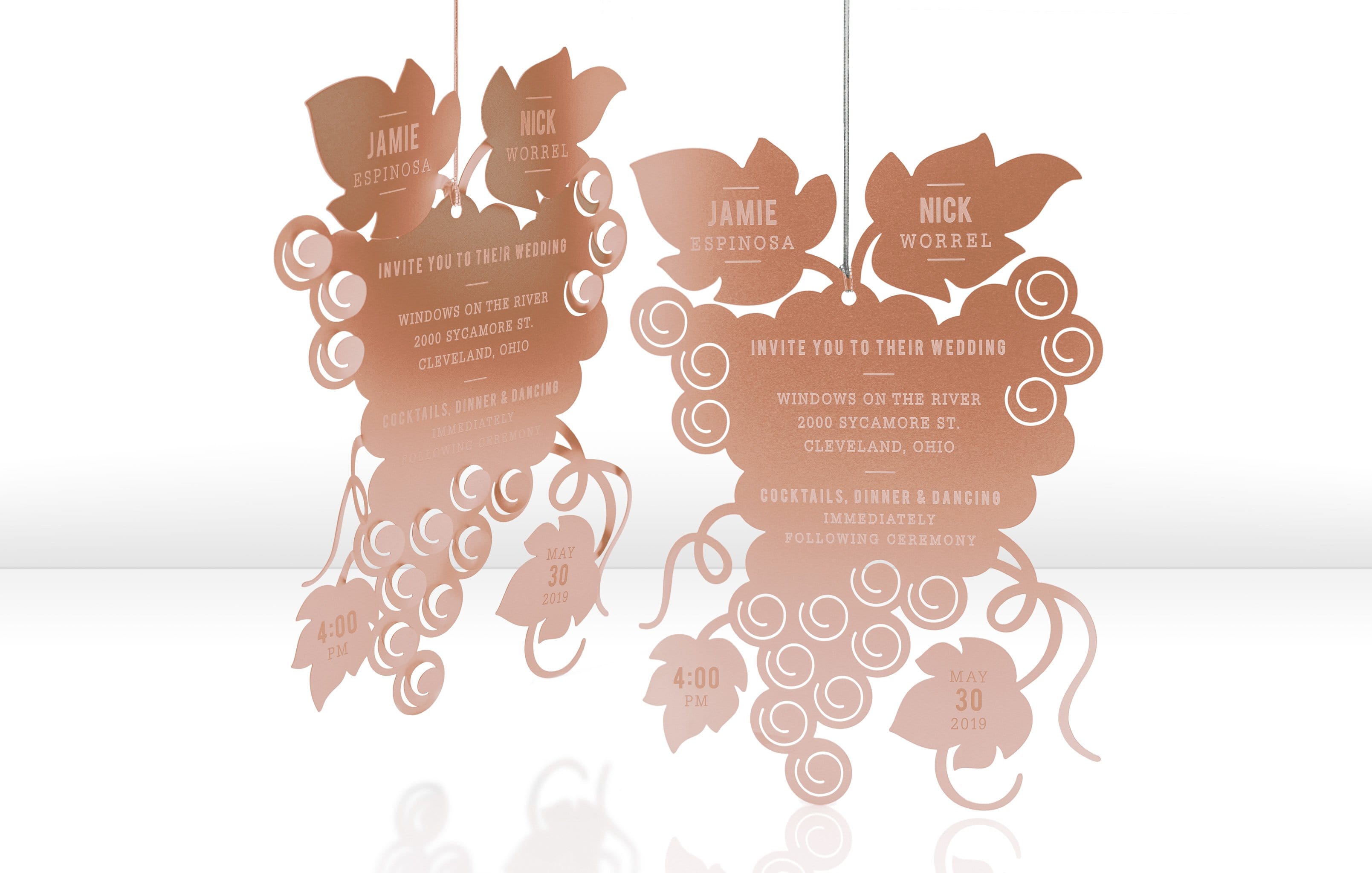Rose Gold Metal Wedding Invitation with Vineyard Theme
