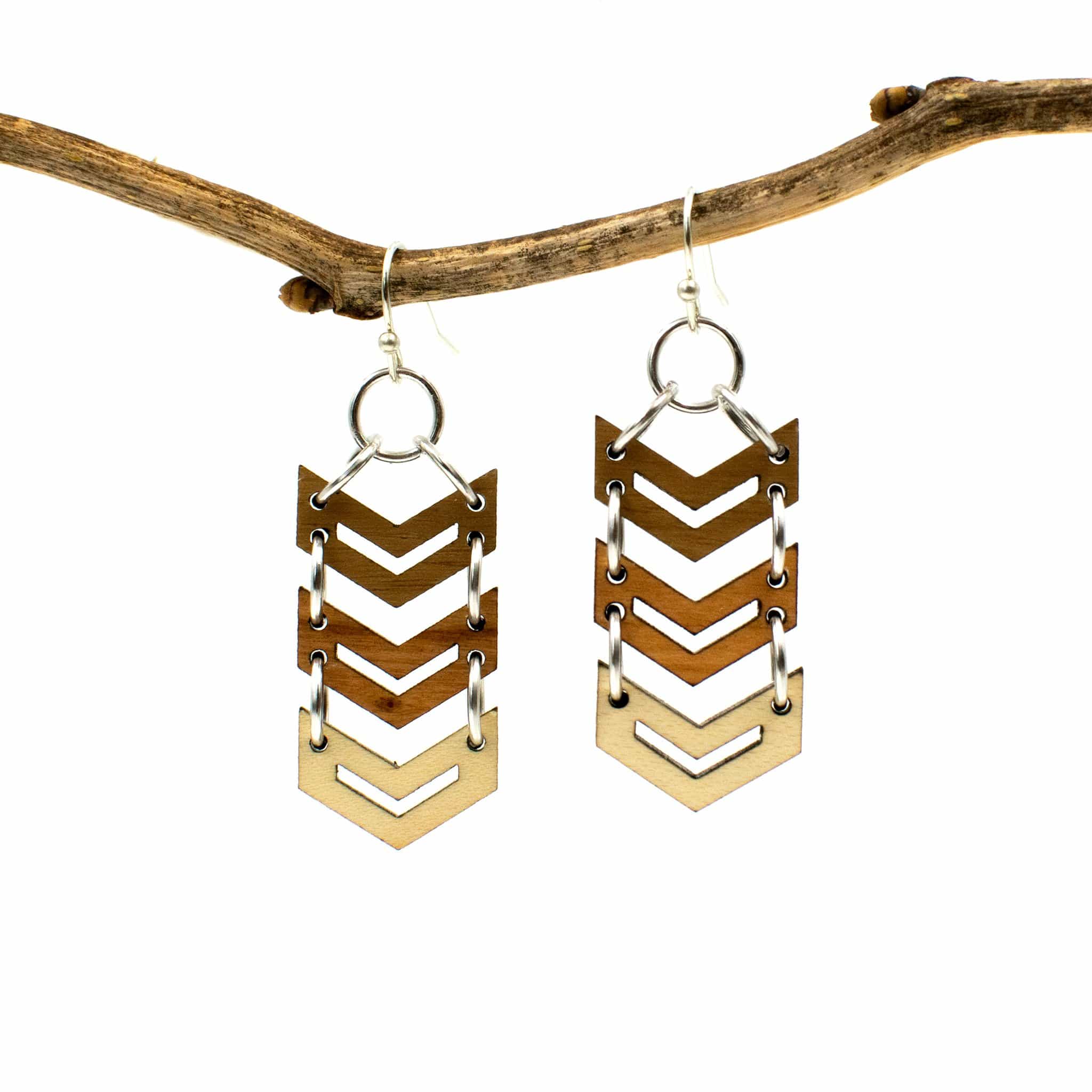 Wood Chevron Dangle Three Tone Wood Earrings