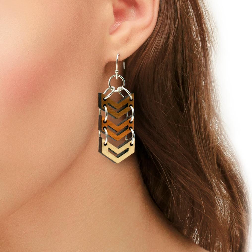 Chevron Wood Dangle Earrings with Silver Hooks