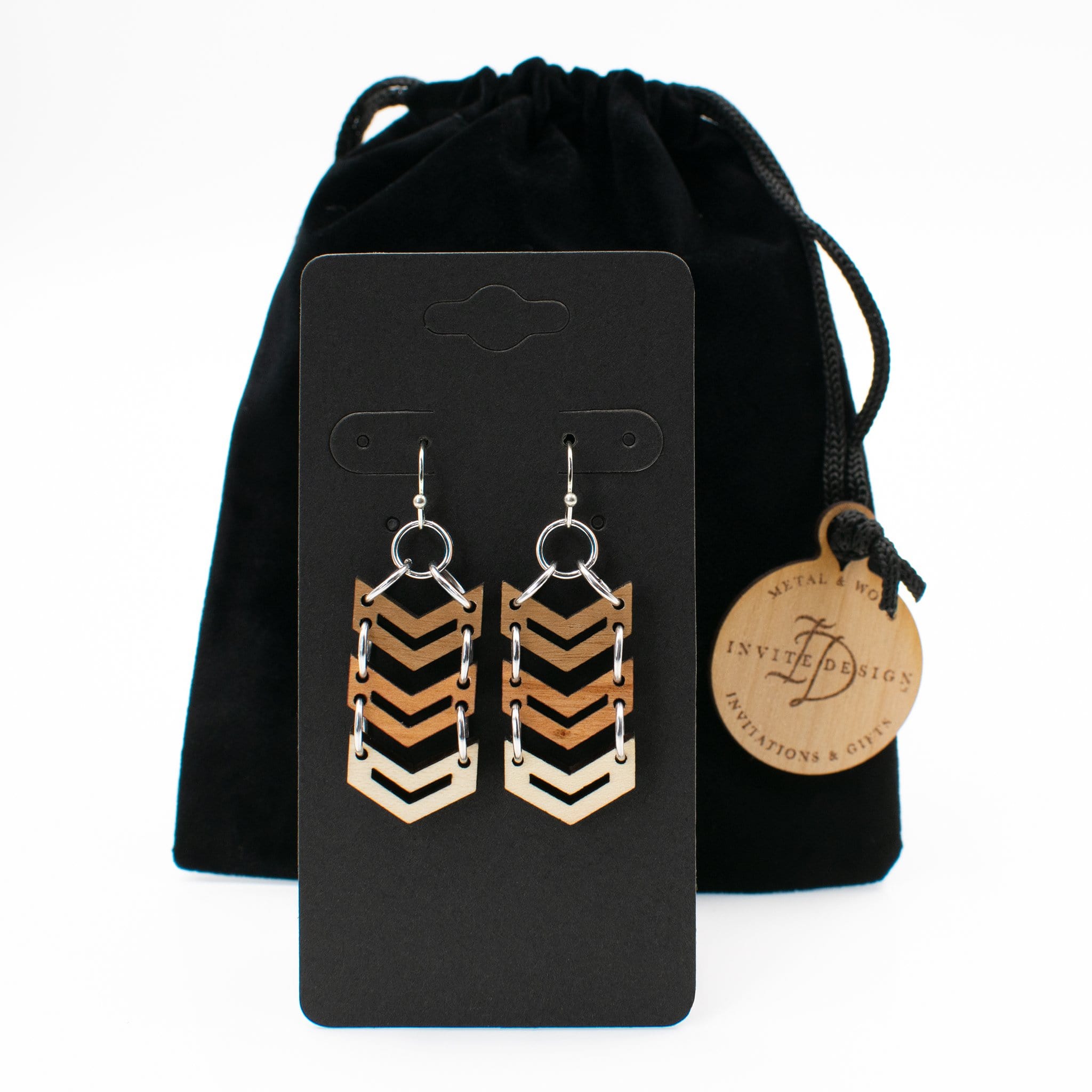 Chevron Three-Tone Hardwood and Silver Dangle Earrings