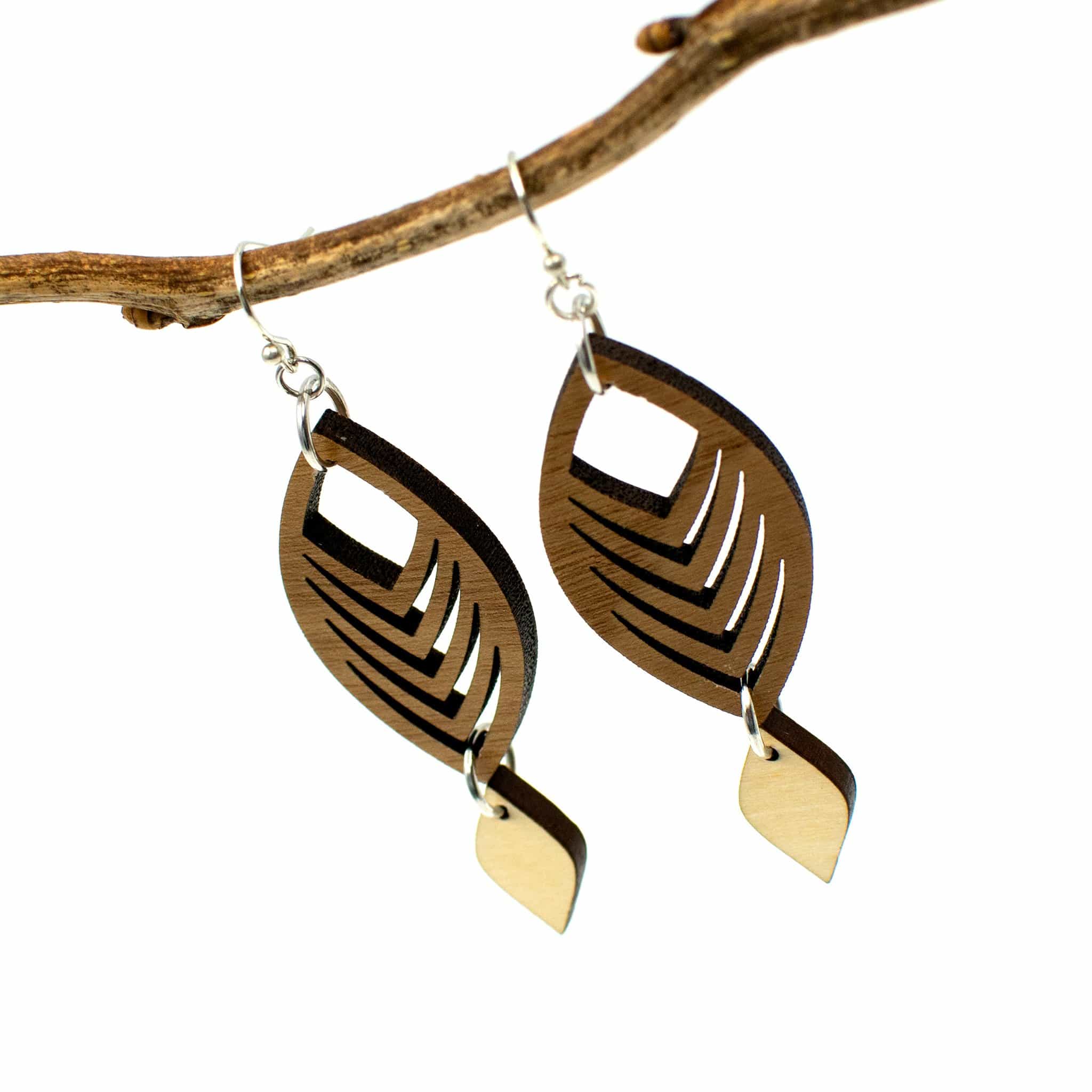 Curved Chevron Wood and Silver Earrings