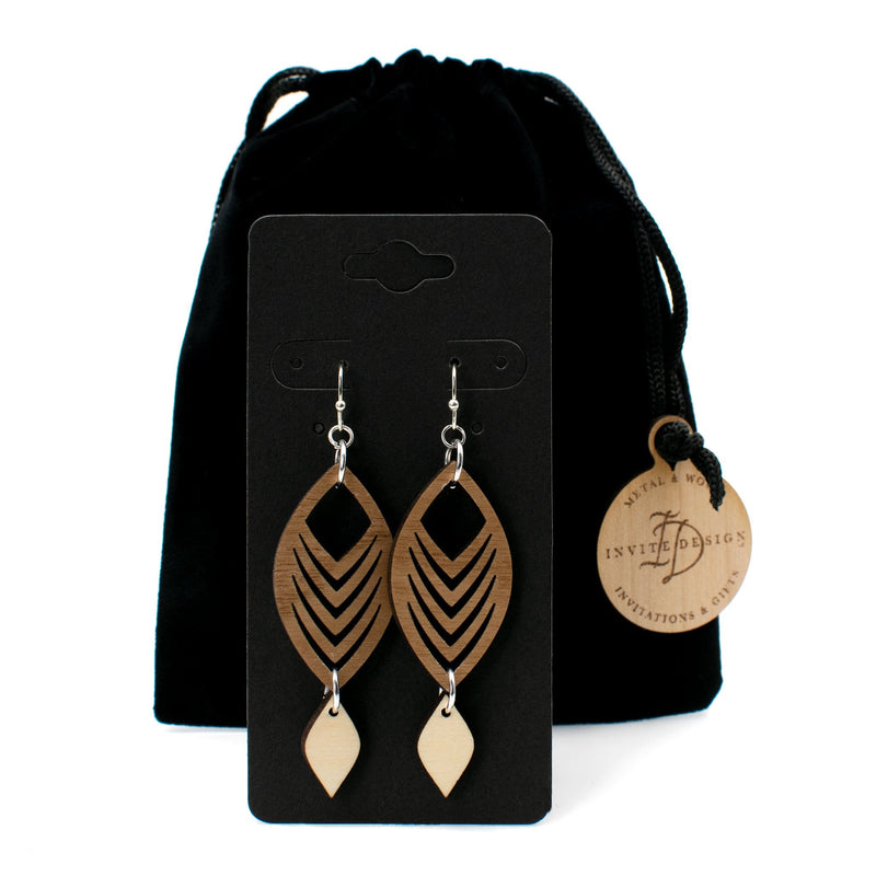 Curved Chevron Two-Tone Hardwood and Silver Dangle Earrings