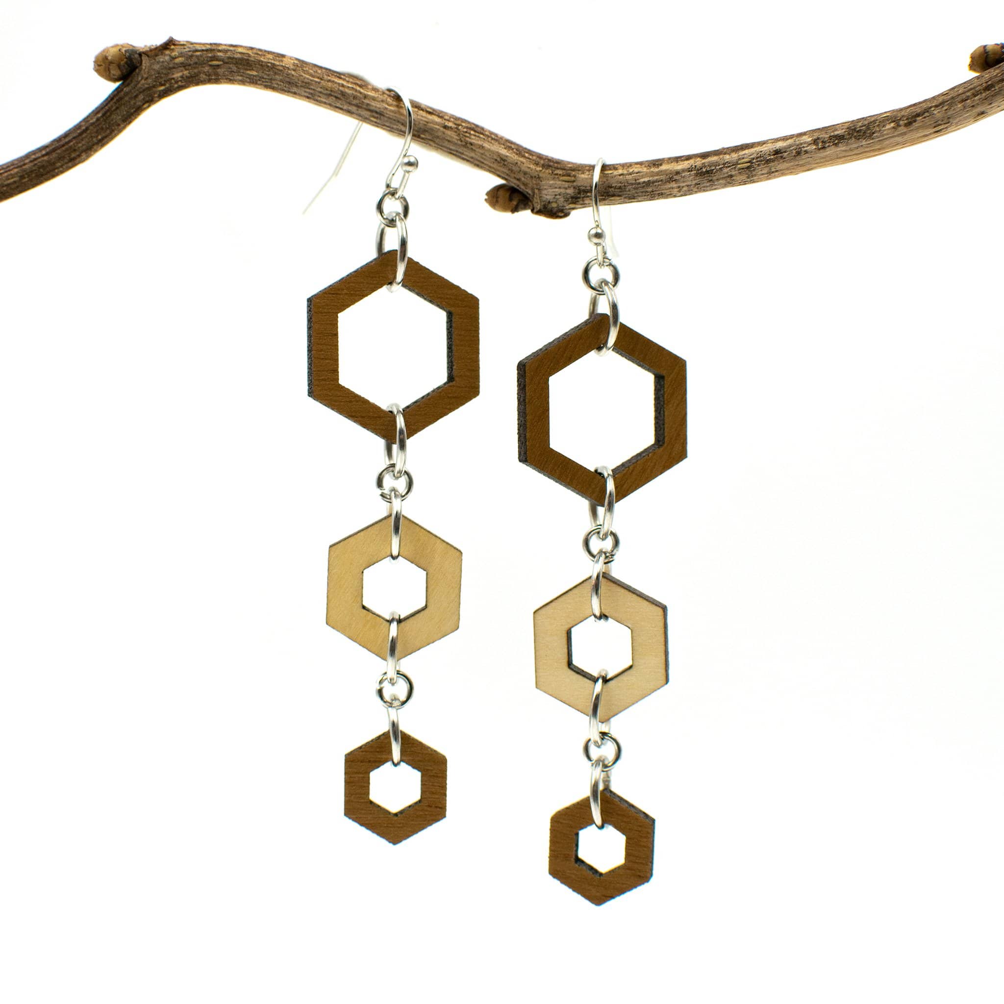 Wood Hexagon Dangle Two Tone Earrings