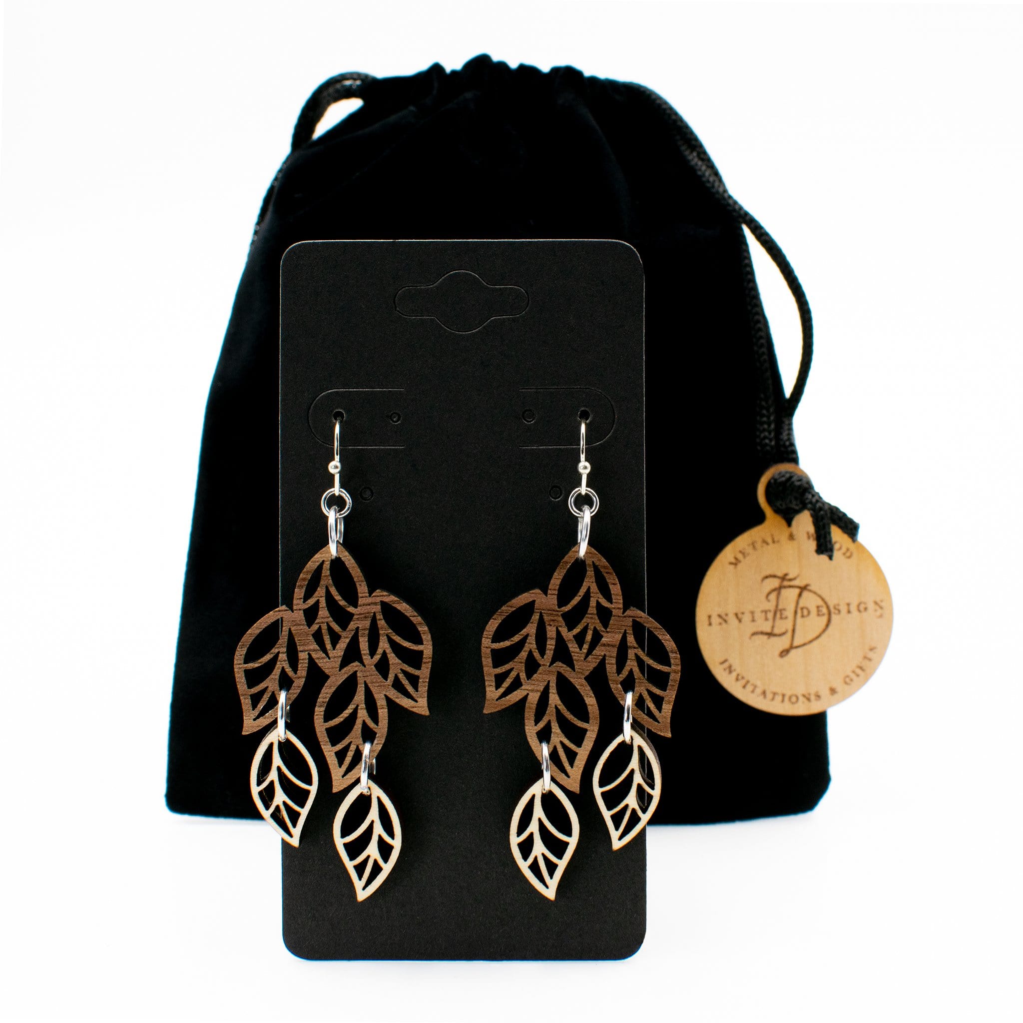 Leaves Two-Tone Hardwood and Silver Dangle Earrings