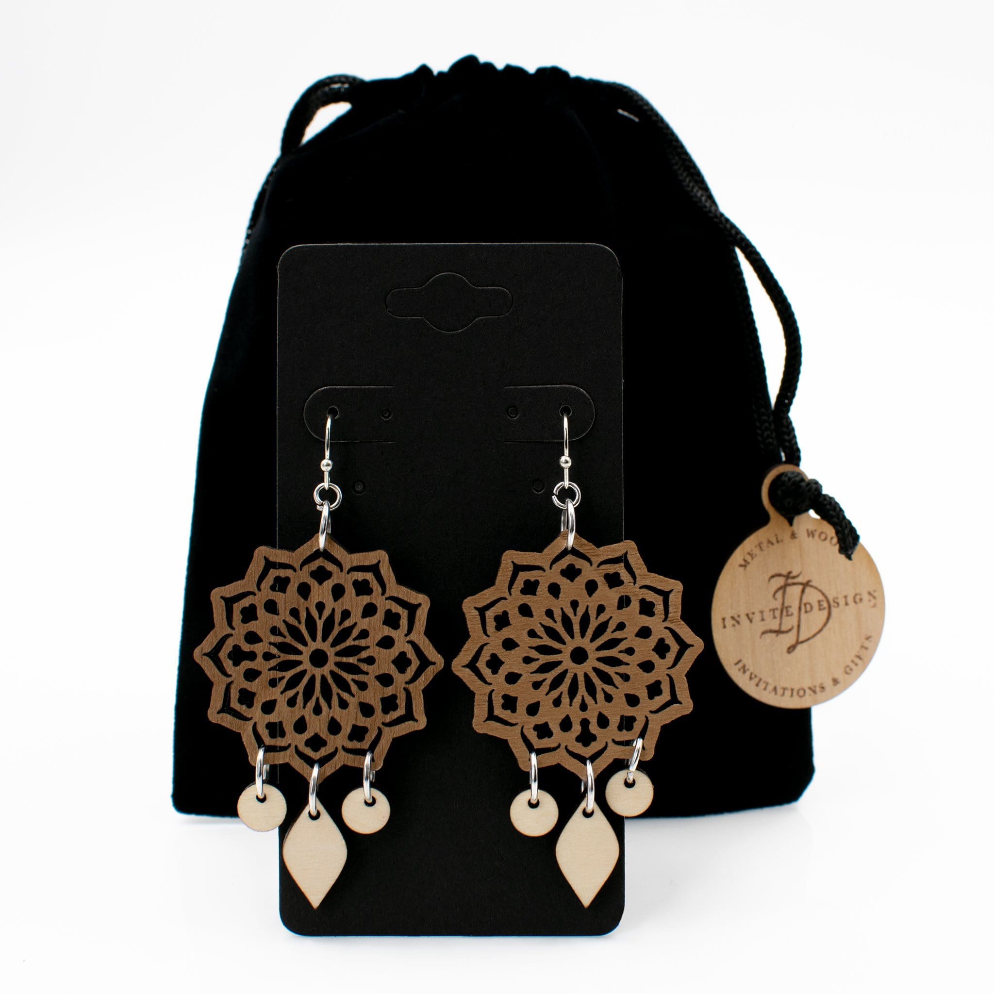 Mandala Two-Tone Hardwood and Silver Dangle Earrings