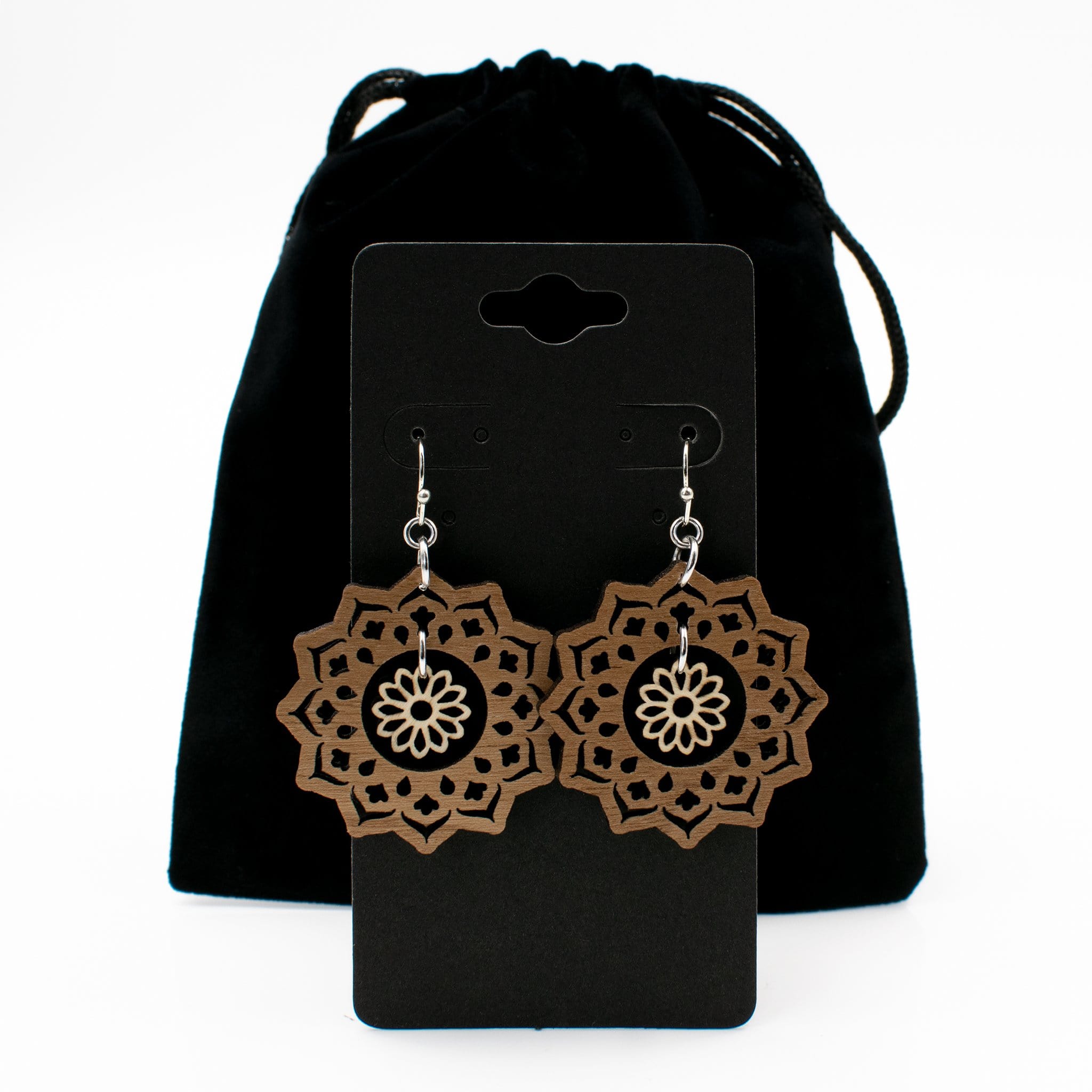 Mandala and Flower Two-Tone Hardwood and Silver Dangle Earrings