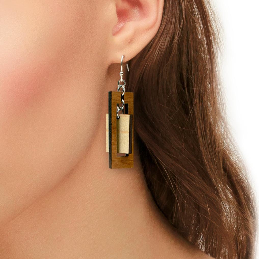 Rectangle Wood Dangle Earrings with Silver Hooks