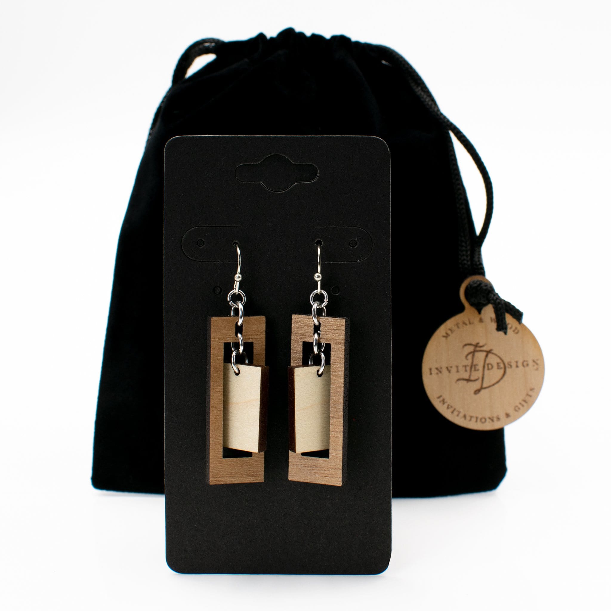 Rectangle Two-Tone Hardwood and Silver Dangle Earrings