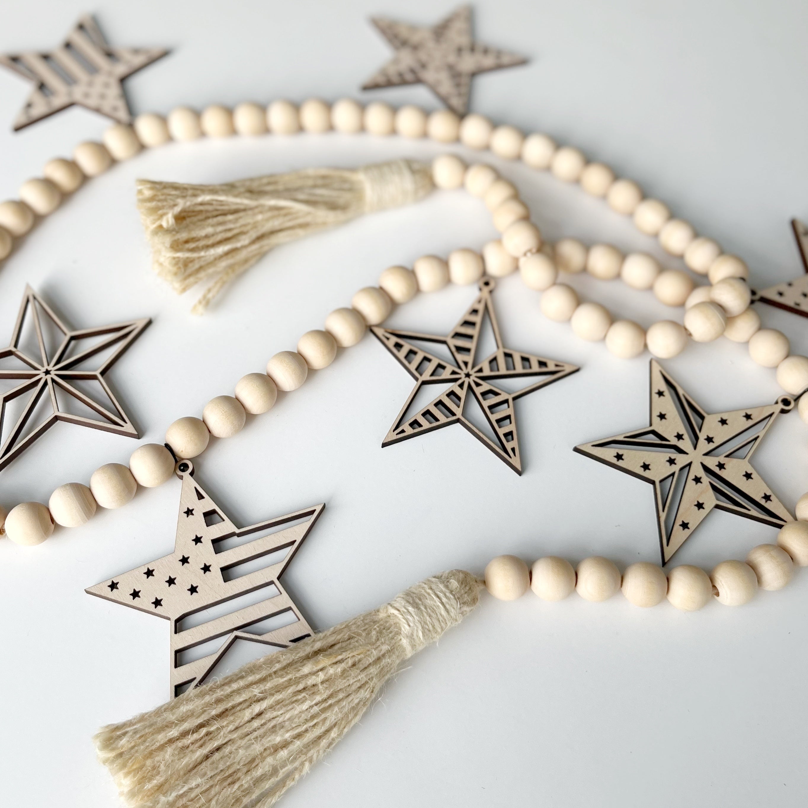 Wood Beaded Garland with Barn Stars