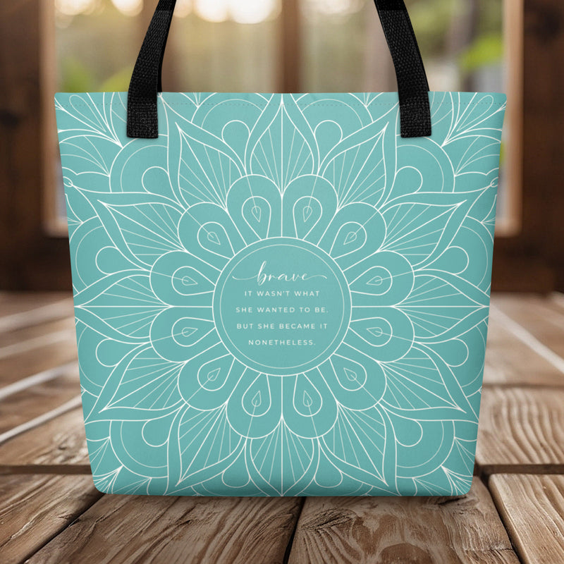 Brave Support Gift Tote Bag with Mandala Design Teal Color