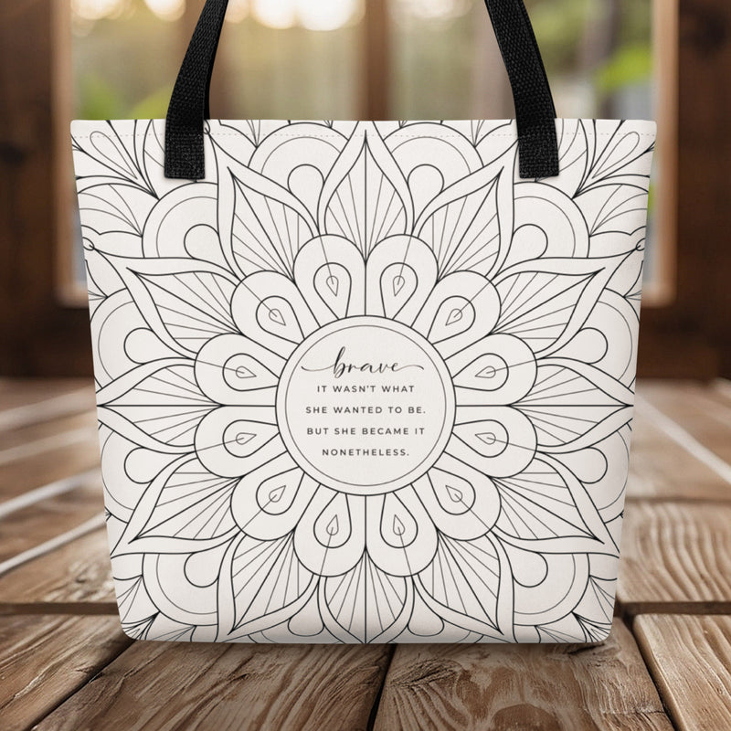 Brave Support Gift Tote Bag with Mandala Design Black and White Color