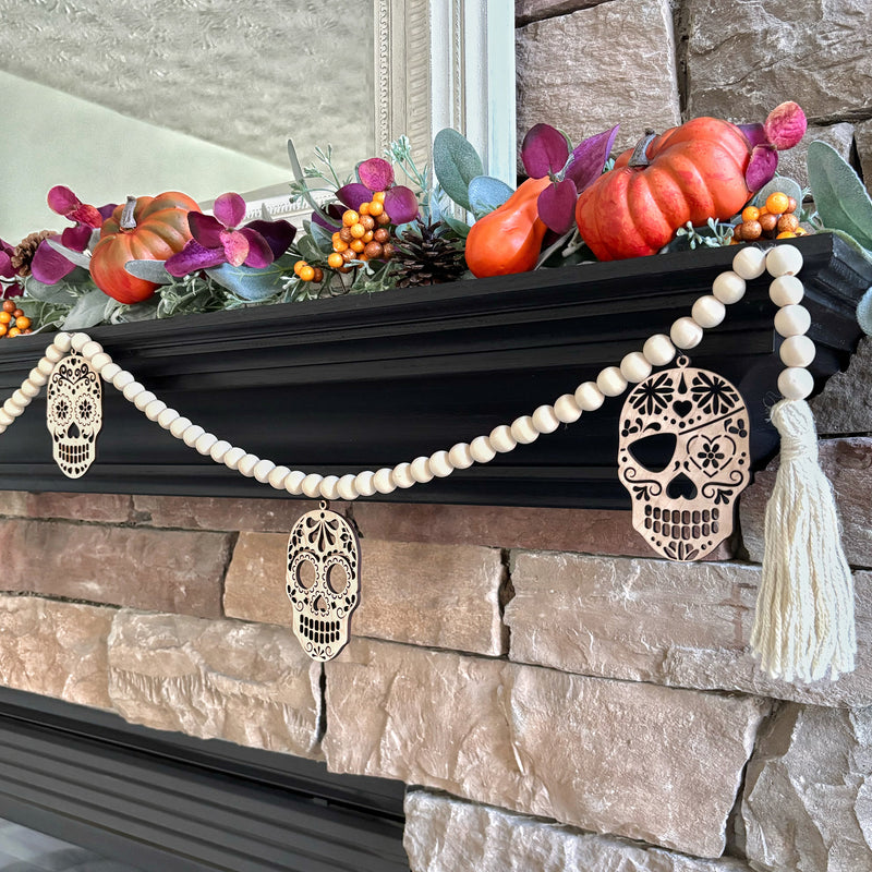 Natural Wood Bead Garland with Skull Charms