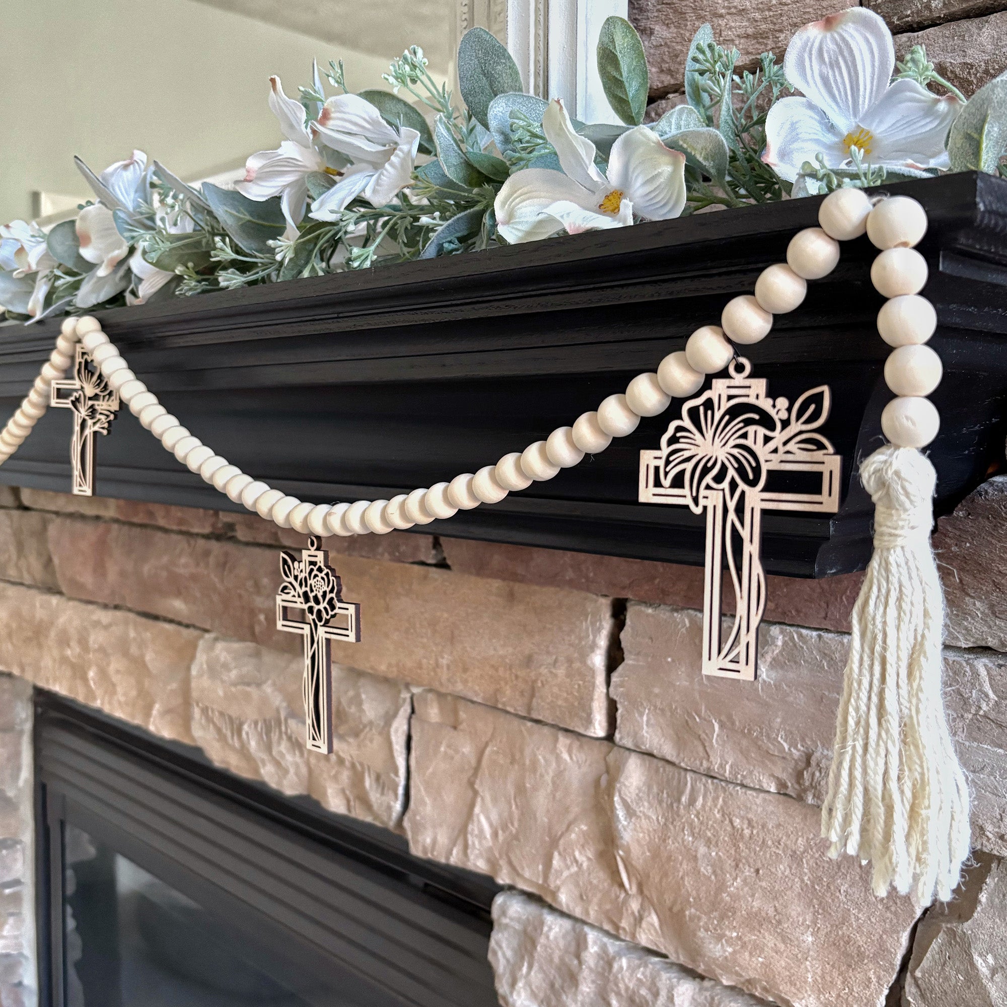 Natural Wood Bead Garland with Cross Charms Easter Decor