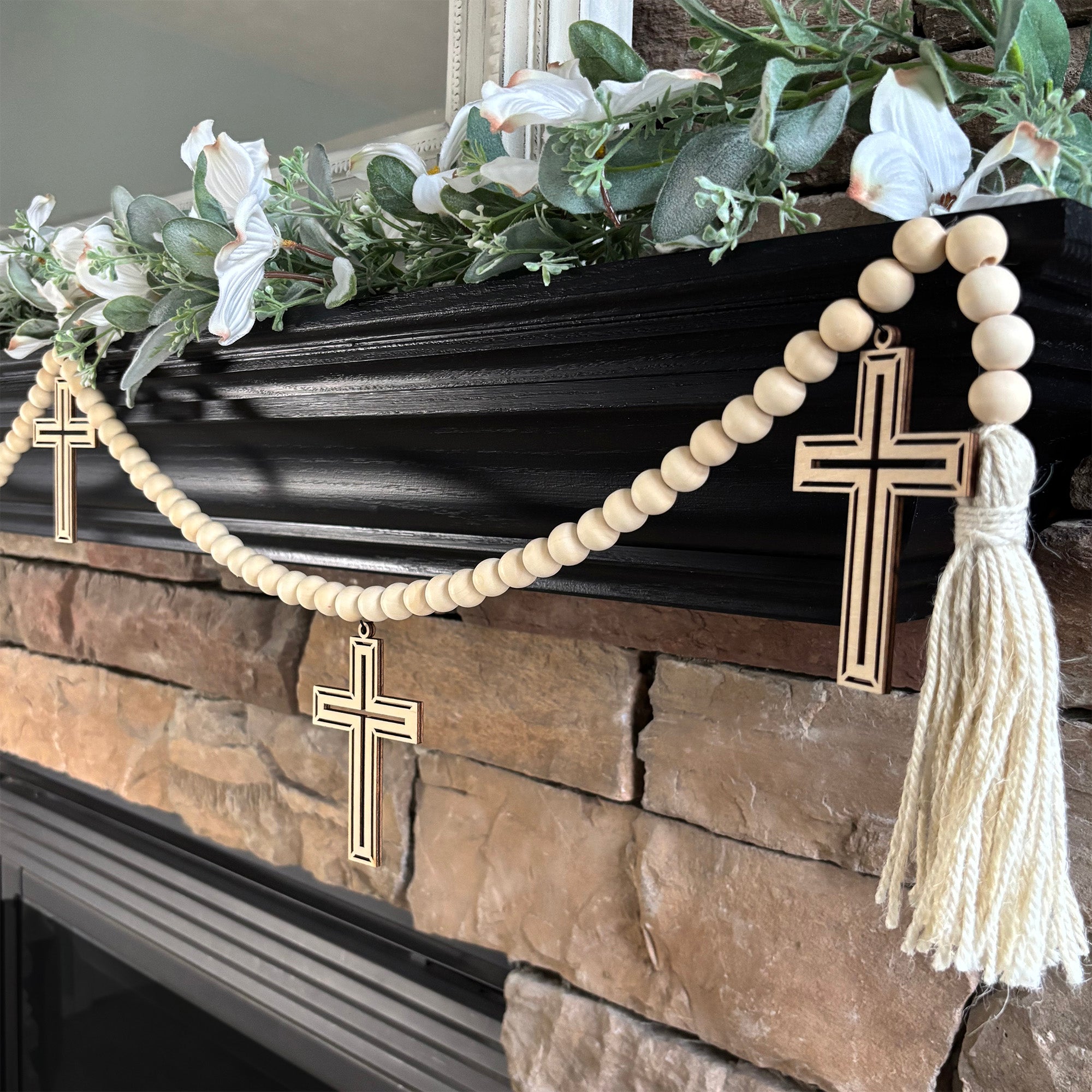Natural Wood Bead Garland with Cross Charms Christmas or Easter Religious Decor
