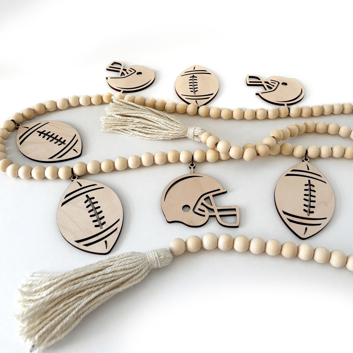 Maple Wood Football and Helmet Charms with Wood Beaded Garland with Jude Tassels
