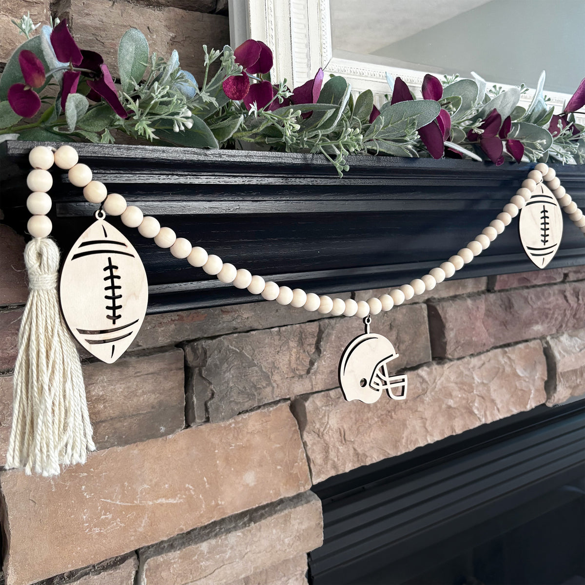 Maple Wood Football and Helmet Charms Ornaments with Black Hooks for Hanging on a Wood Bead Garland
