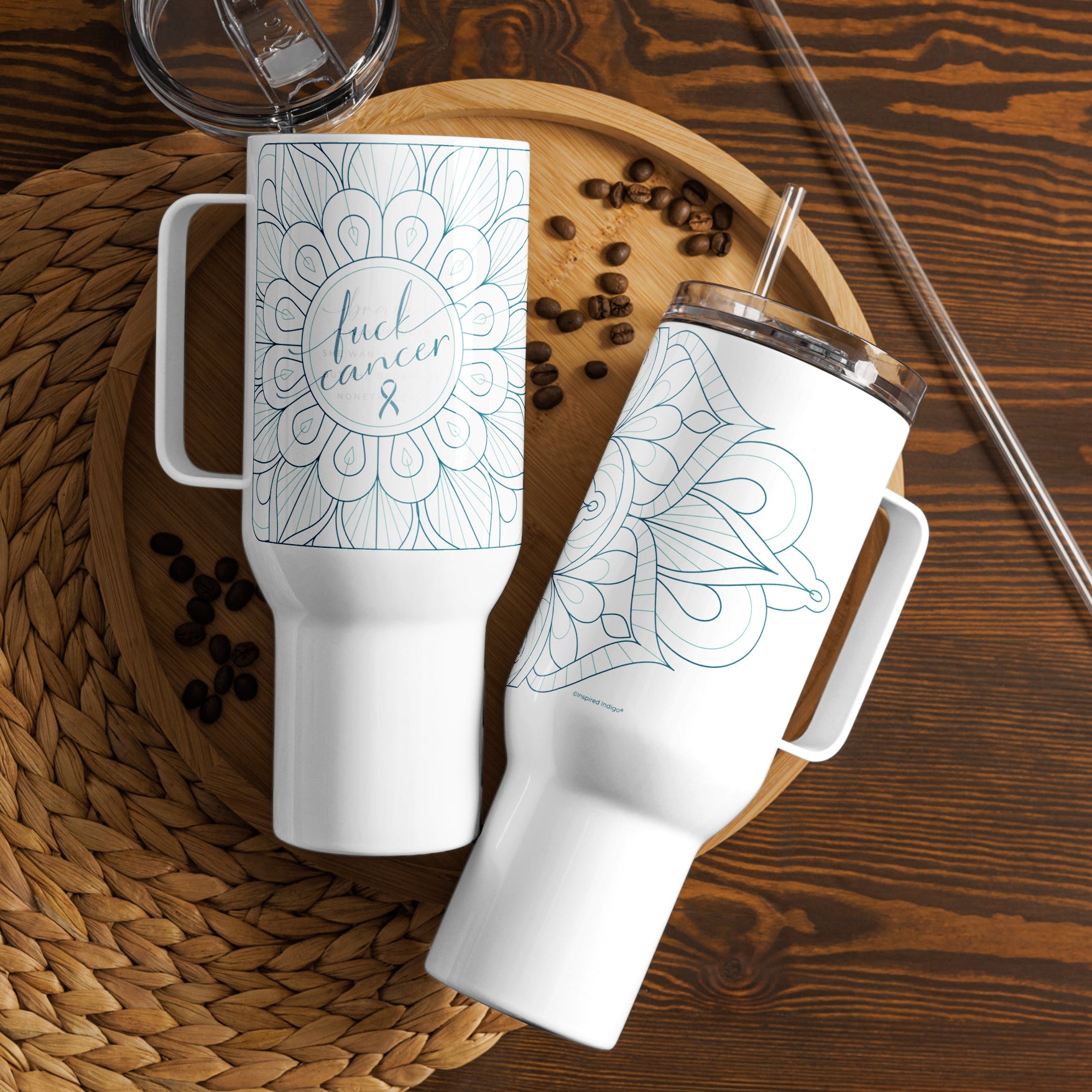 Travel tumbler insulated water bottle with lid and straw with Fuck Cancer quote white cup with teal aqua blue design
