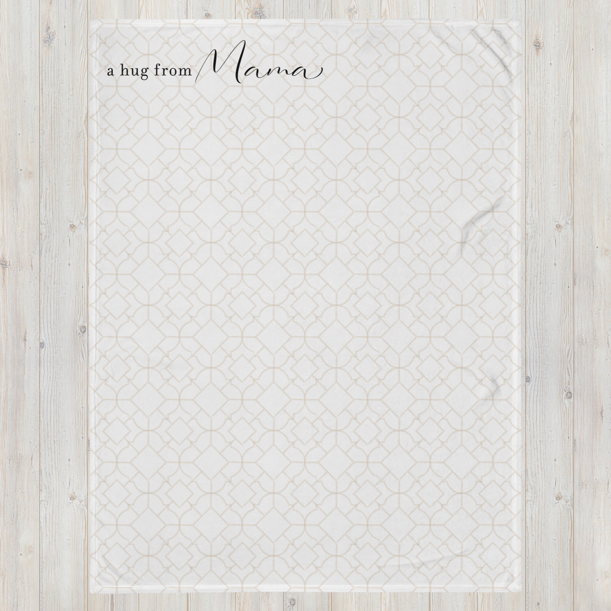 Send a hug support gift blanket with a taupe lattice pattern and the words "a hug from” with personalized name. Thinking of you gift for long distance relationship.
