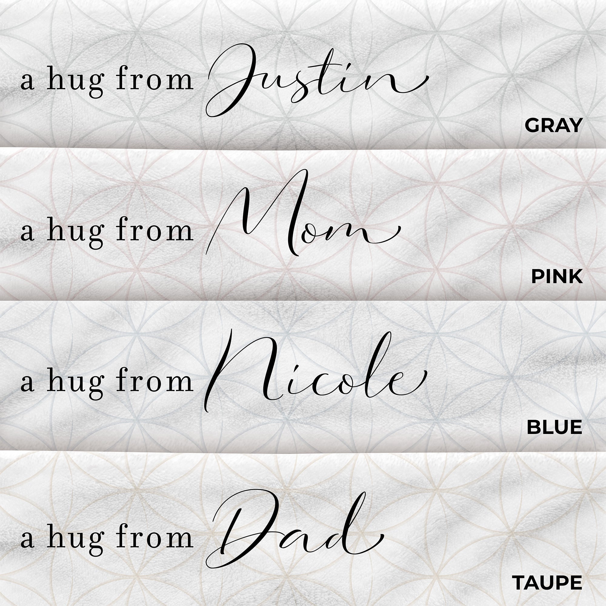 Four colors available for personalized get well blanket with "a hug from" text. Mid century modern floral pattern. Support gift for friend.
