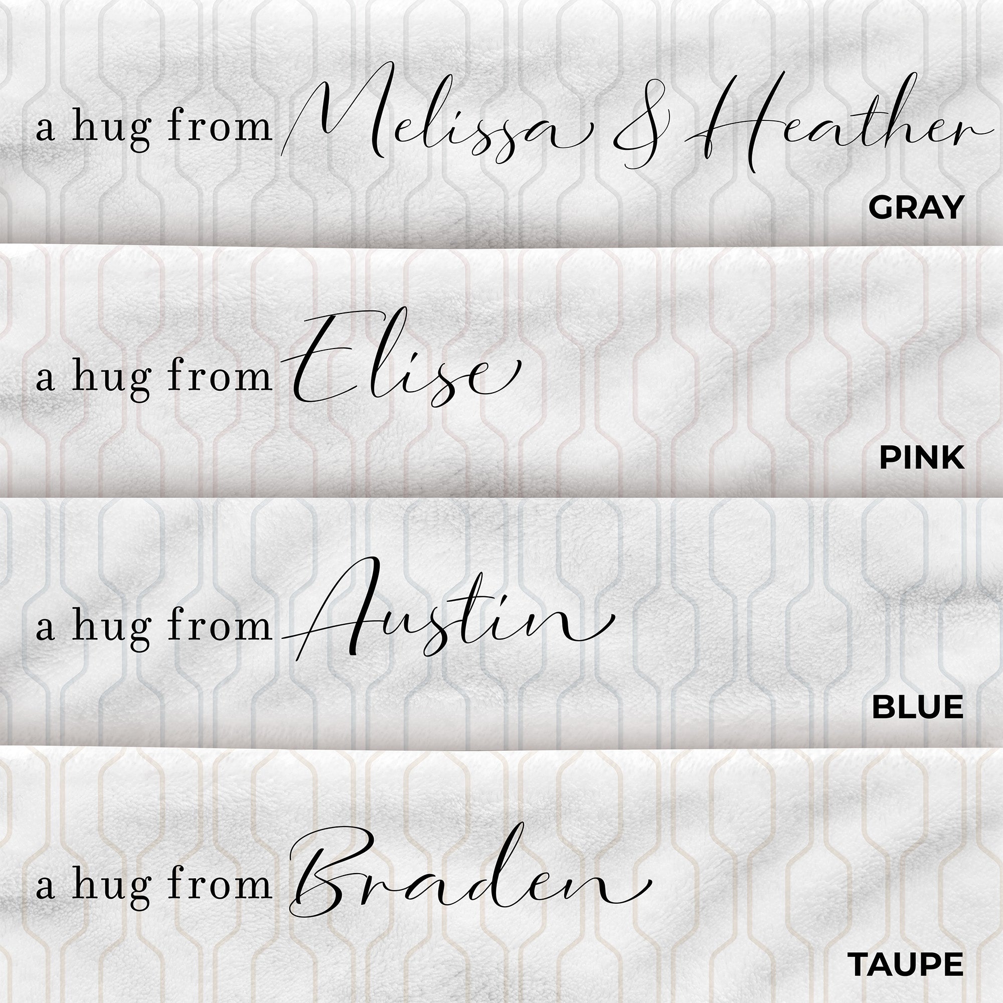 Four colors available for personalized get well blanket with "a hug from" text. Mid century modern pattern. Support gift for friend.
