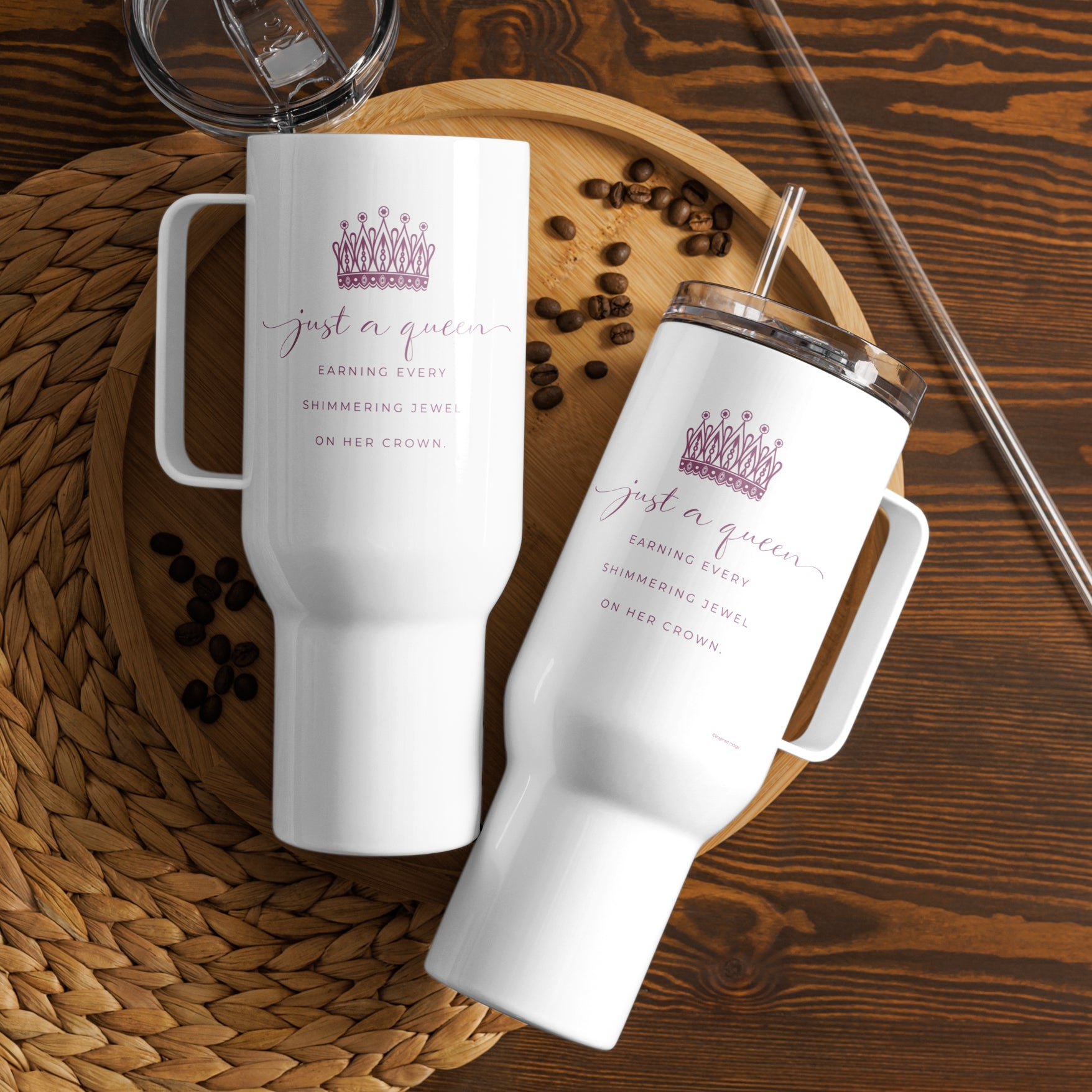 Travel tumbler insulated water bottle with lid and straw with Just a Queen inspirational quote white cup with pink crown design
