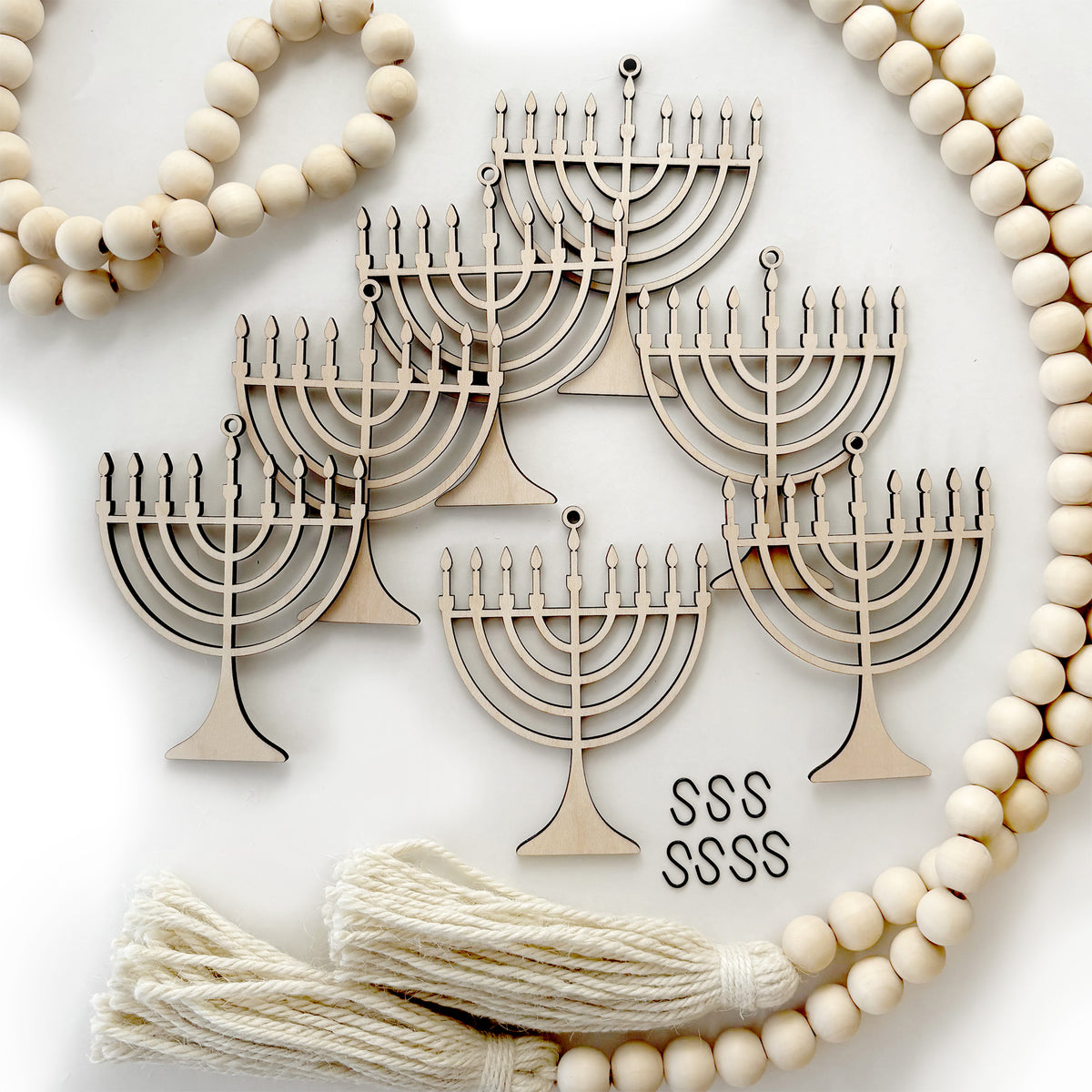 Menorah Ornaments with Wood Bead Garland with Jute Tassels
