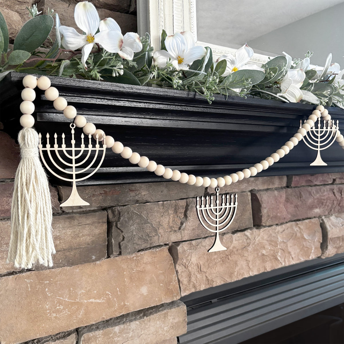 Maple Wood Menorah Charms Ornaments with Black Hooks for Hanging on a Wood Bead Garland
