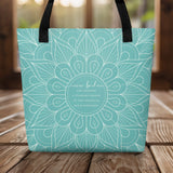 Never Broken Support Gift Tote Bag with Mandala Design Teal Color