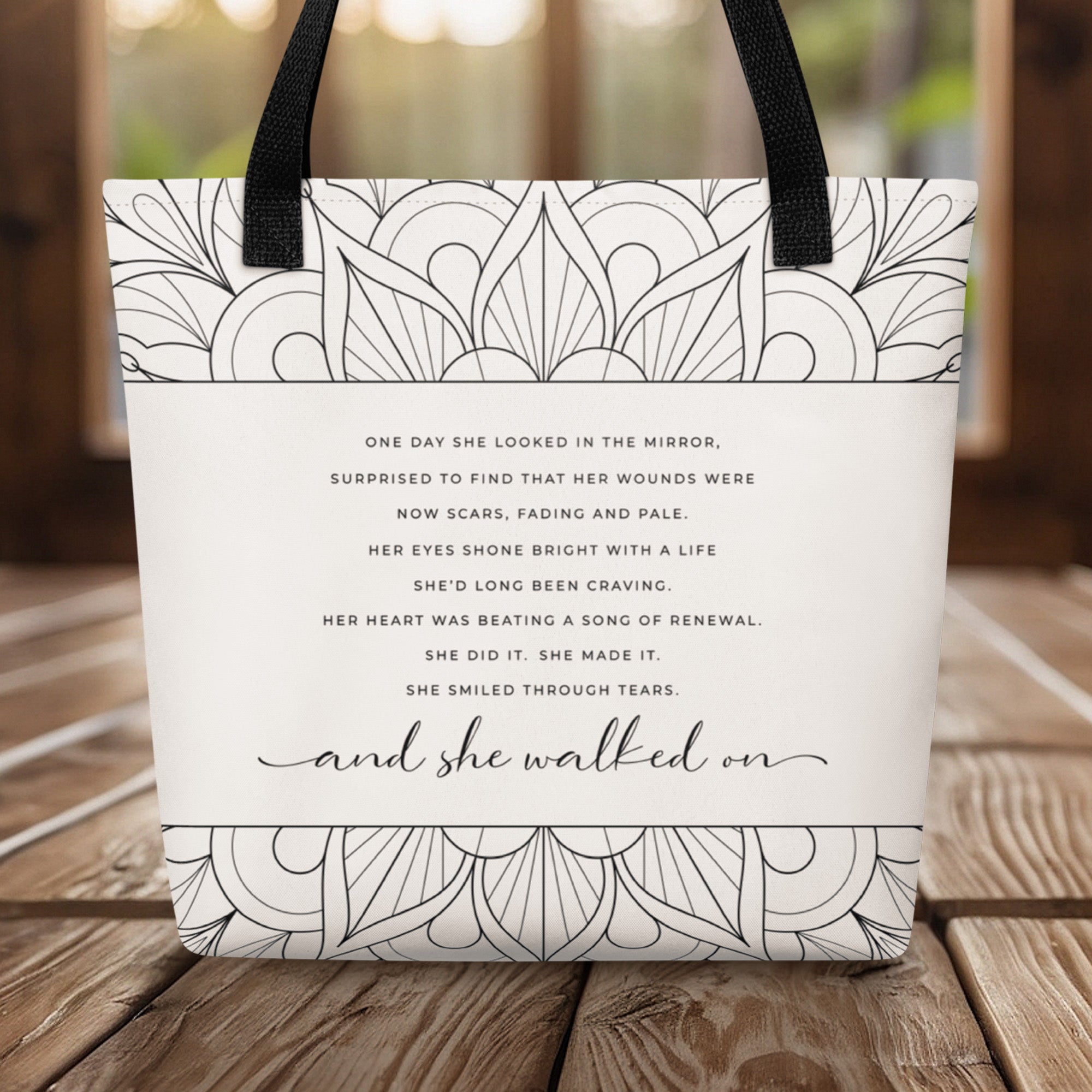 She Walked On Support Gift Tote Bag with Mandala Design Black and White Color