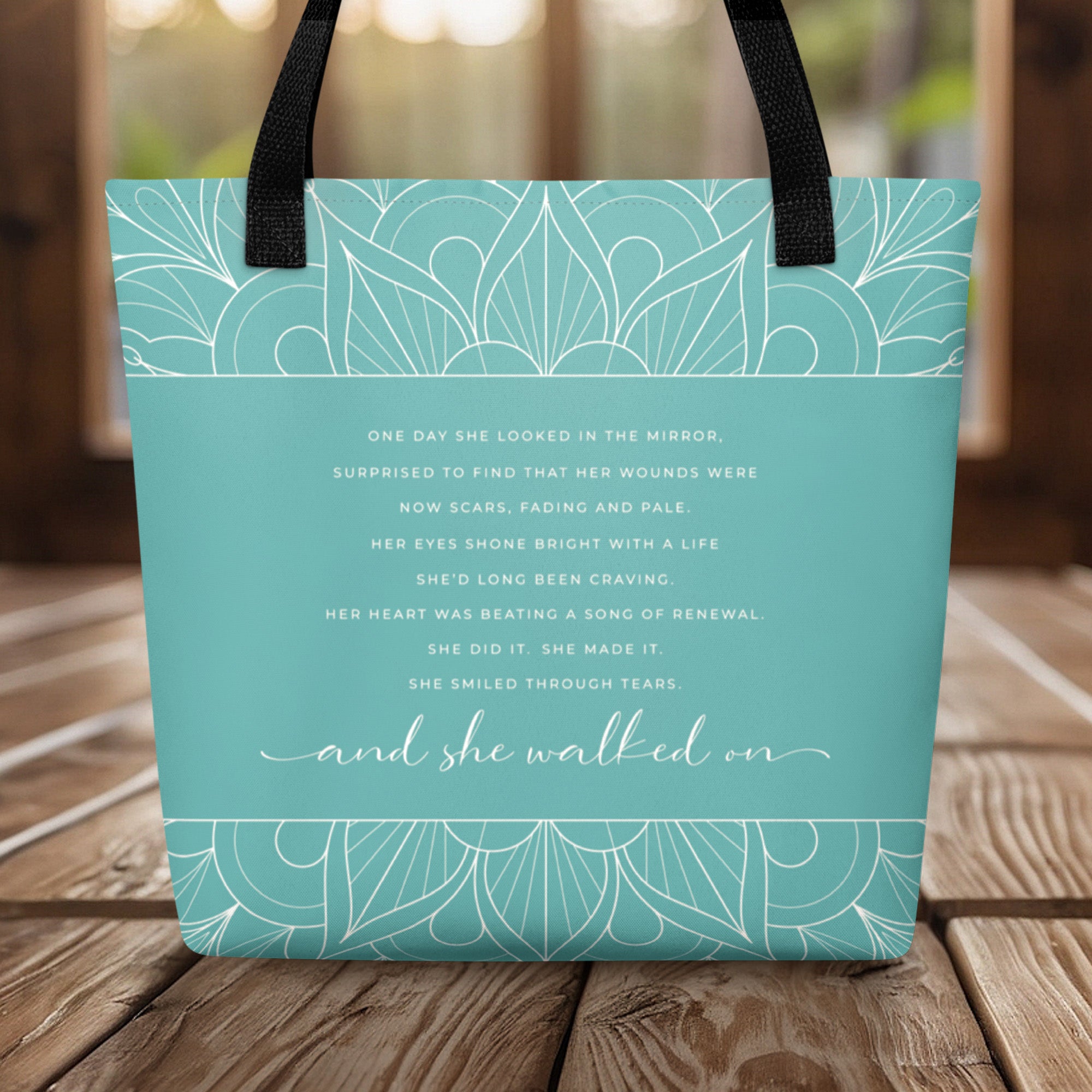 She Walked On Support Gift Tote Bag with Mandala Design Teal Color