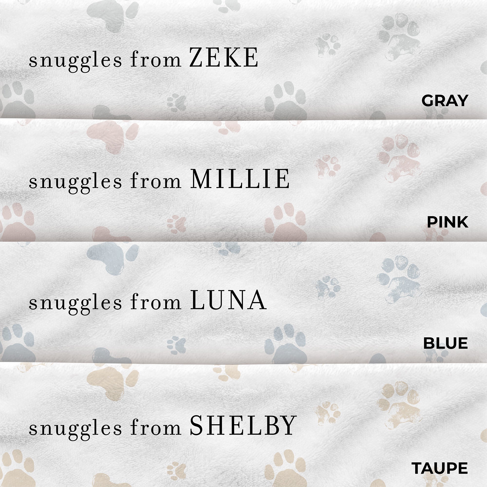 Four colors available for personalized memorial blanket with “snuggles from" text. Paw print pattern. Sympathy gift for loss of dog.
