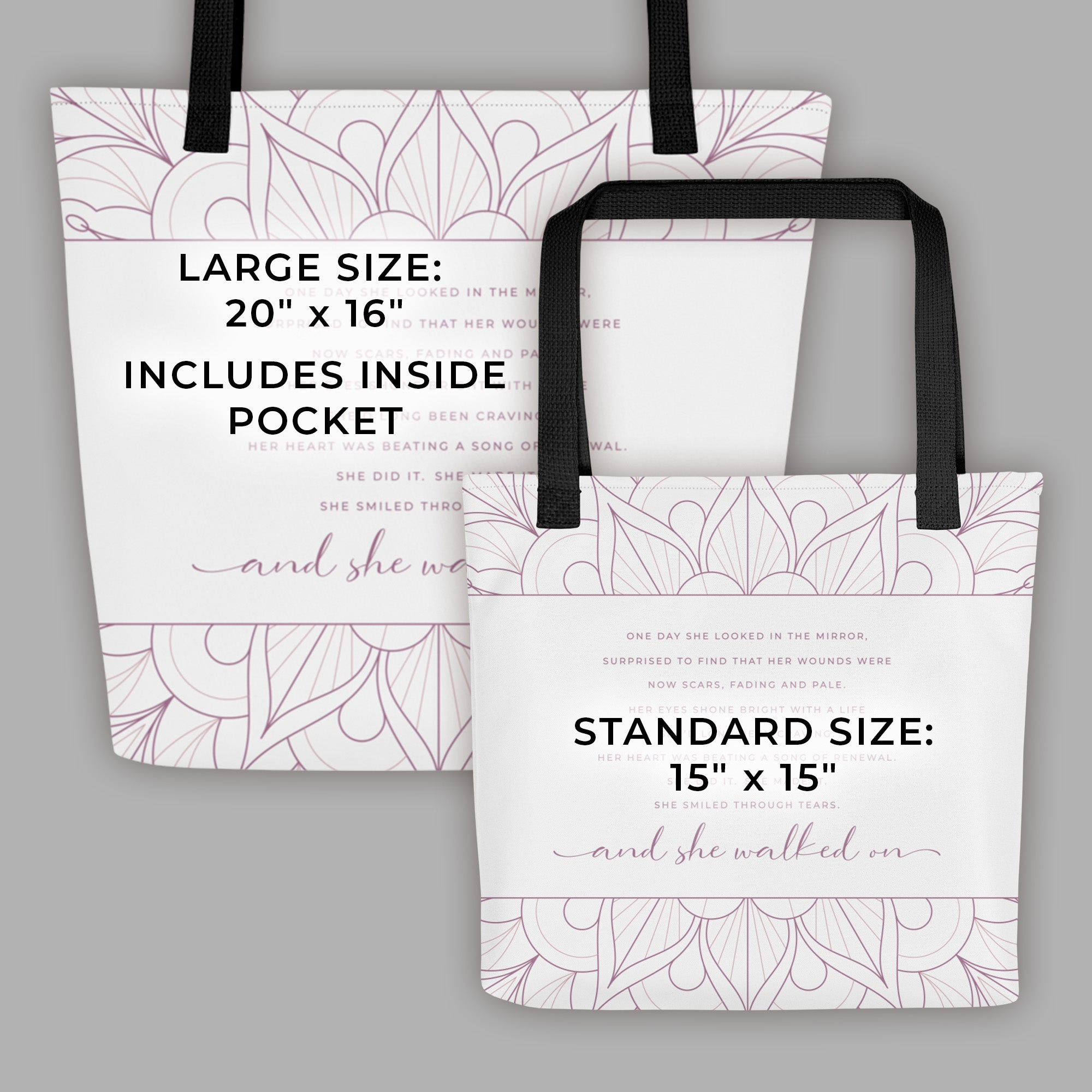 She Walked On Inspirational Canvas Tote Bag Sizes Regular and Large with Pocket